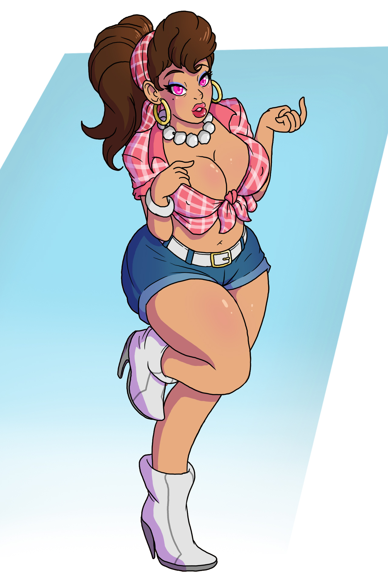 1girls, ass, big breasts, big lips, bimbo, bimbo body, bimbo lips, breasts, breasts bigger than head, brown hair, bubble butt, cleavage, country girl, crop top, cruiser d.va, d.va, denim shorts, fat ass, female, gold hoop earrings, high heel boots, hillbillification, hoop earrings, hourglass figure, hourglass figured female, huge breasts, jean shorts, milf, milfification, mole under eye, nipple bulge, nipples, nipples visible through clothing, overwatch, overwatch 2, overwatch league, pearl necklace, pink eyes, seductive, seductive look, solo, standing on one leg, thick thighs, voluptuous, voluptuous female, wide hips, wrenzephyr2