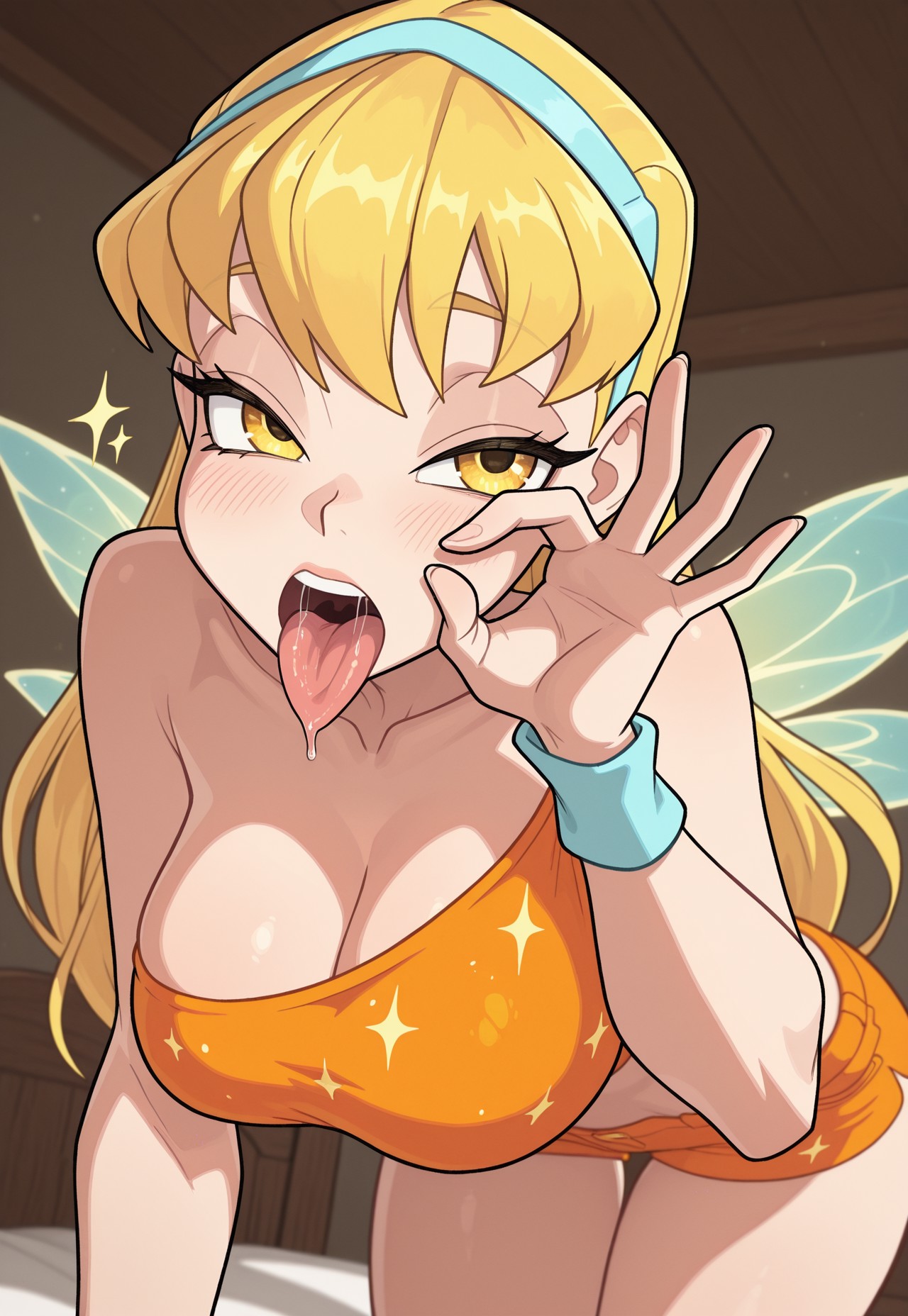 ai generated, bare shoulders, bedroom eyes, blonde hair, blue headband, blush, breasts, civitai, cleavage, crop top, fairy, fairy wings, fellatio gesture, female, headband, long hair, looking at viewer, open mouth, orange clothing, orange shorts, saliva, short shorts, sparkles, stella (winx club), strapless, thigh gap, tomom5, tongue, winx club, wristband, yellow eyes