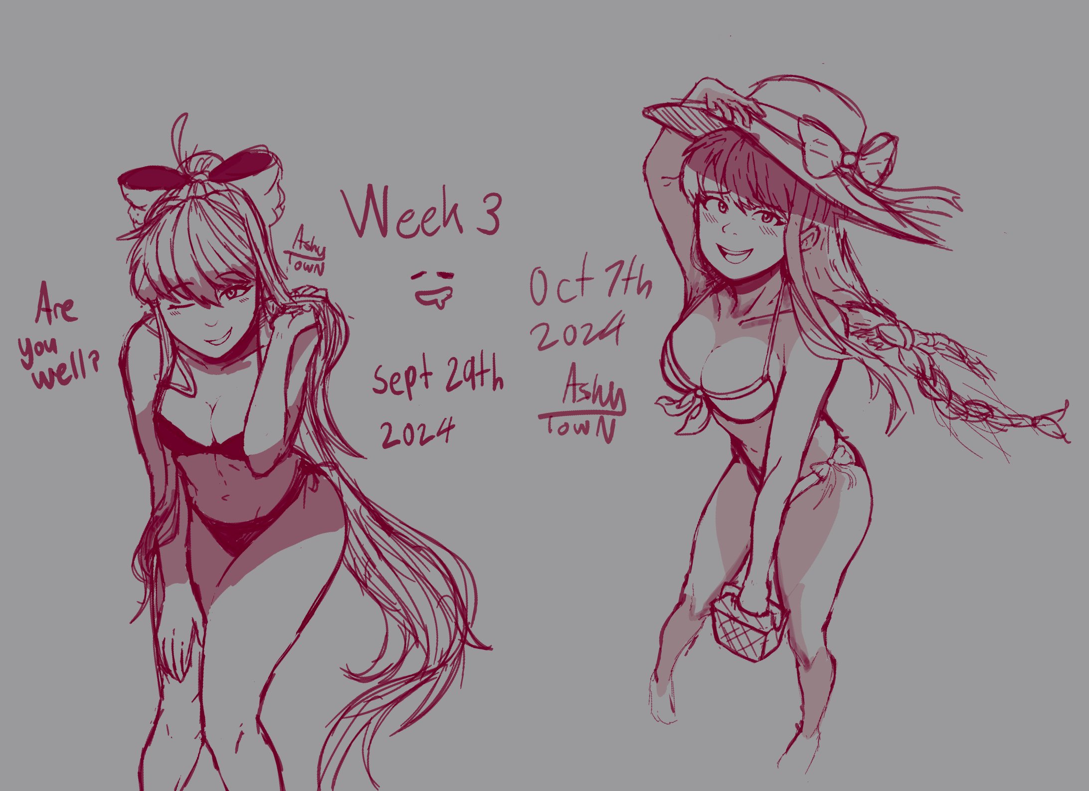 2024, bikini, bikini bottom, bikini top, breasts, cleavage, doki doki literature club, english text, female, female only, hat, headwear, monika (doki doki literature club), spicytown, text