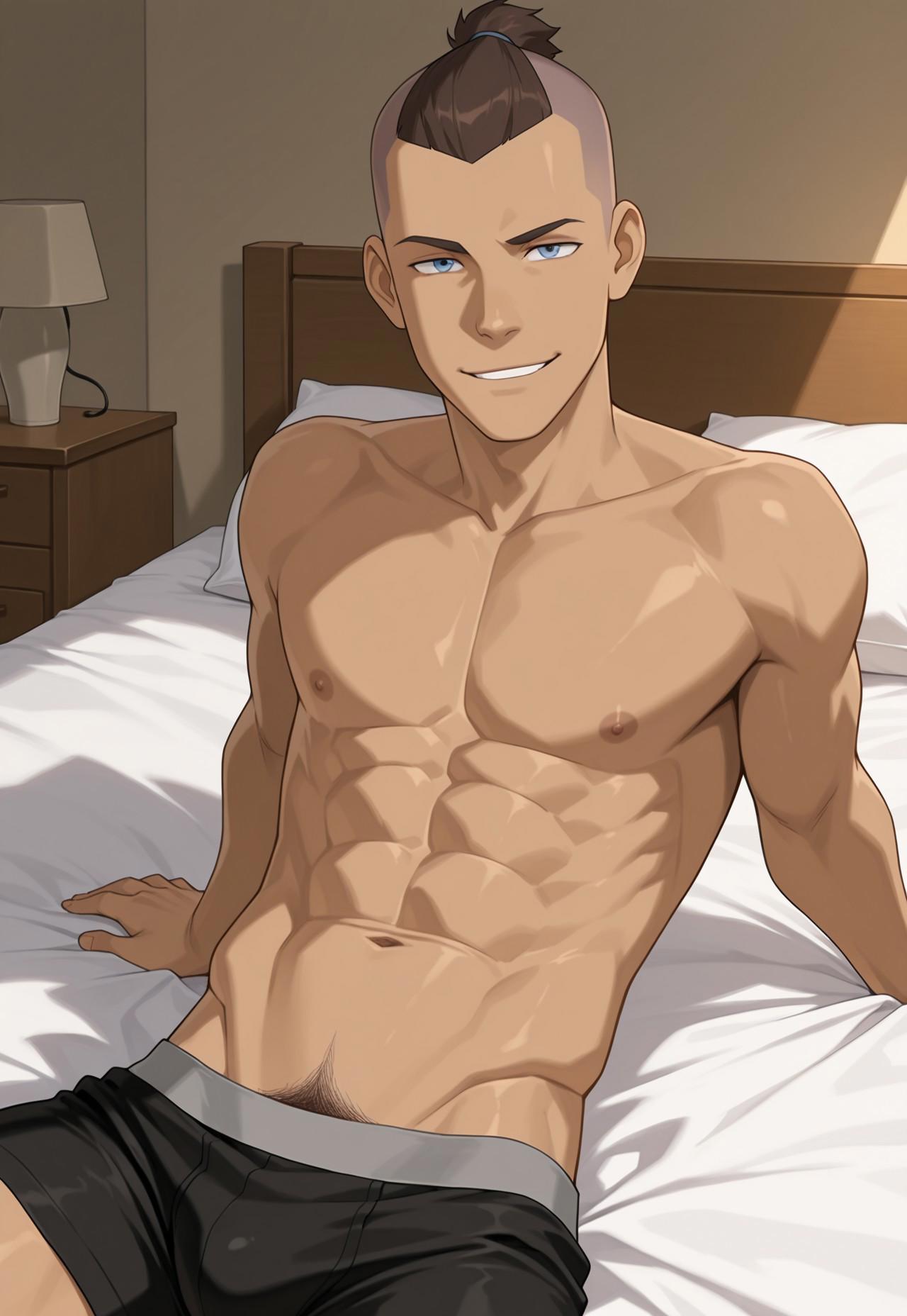 1boy, abs, ai generated, arm support, avatar the last airbender, bed, boxer briefs, bsky link, bulge, civitai, dvxxxgrai, gay, illustrious (stable diffusion), indoors, lying on bed, male, male only, male underwear, navel, nipples, nude, smile, sokka, solo, solo male, tagme, underwear, underwear only, yaoi