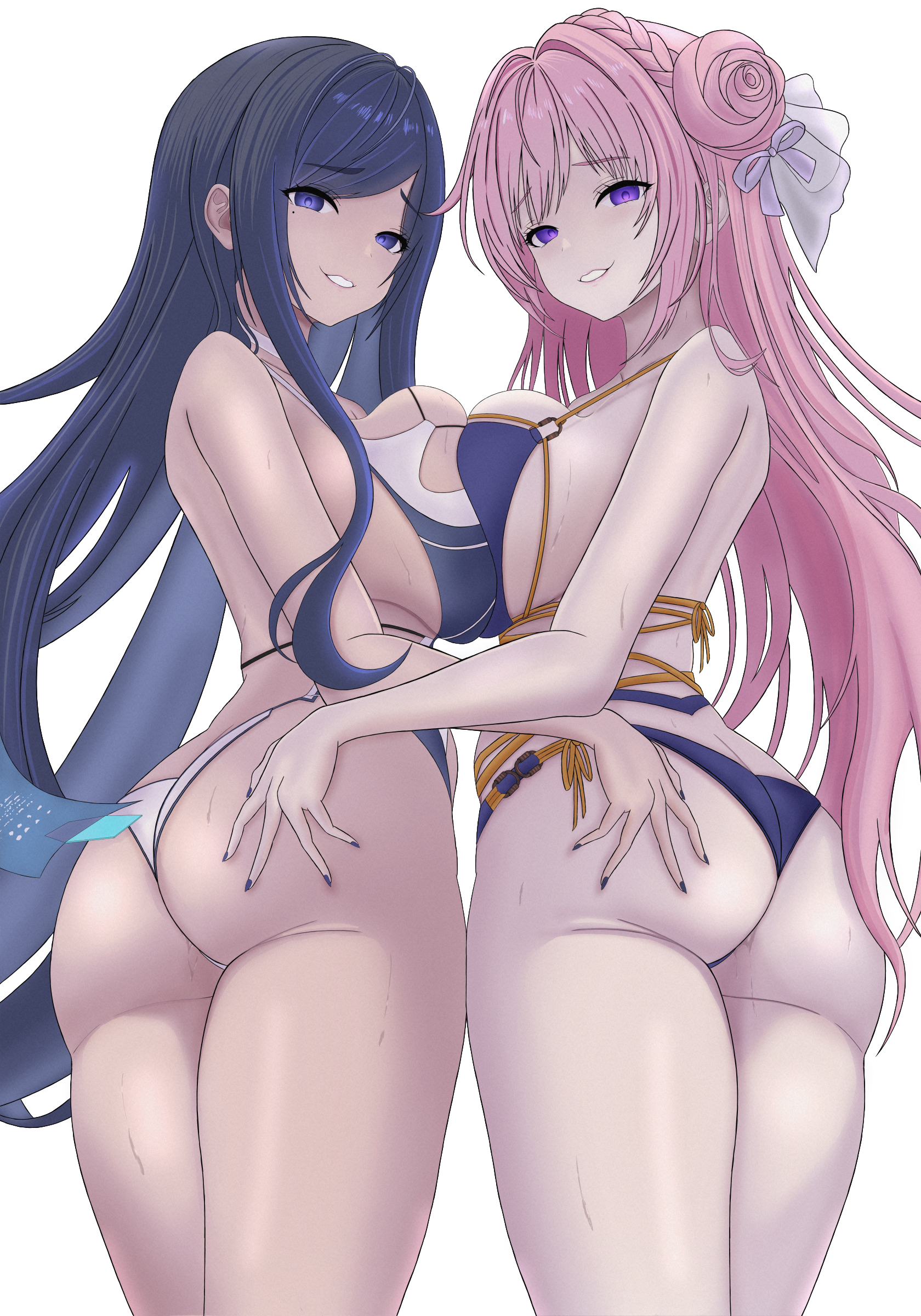2girls, alternate costume, artist request, ass, bare shoulders, bikini, blue eyes, blue hair, breast press, breasts, butt crack, come hither, dorothy (nikke), double bun, female, from behind, from below, goddess of victory: nikke, hair bun, hair ribbon, hand on another's ass, huge ass, large breasts, long hair, looking at viewer, looking back, multiple females, multiple girls, naughty face, pink hair, purple eyes, raven (stellar blade), ribbon, sideboob, smile, stellar blade, sweat, swimsuit, thick thighs, thighs, thong, thong bikini, very long hair
