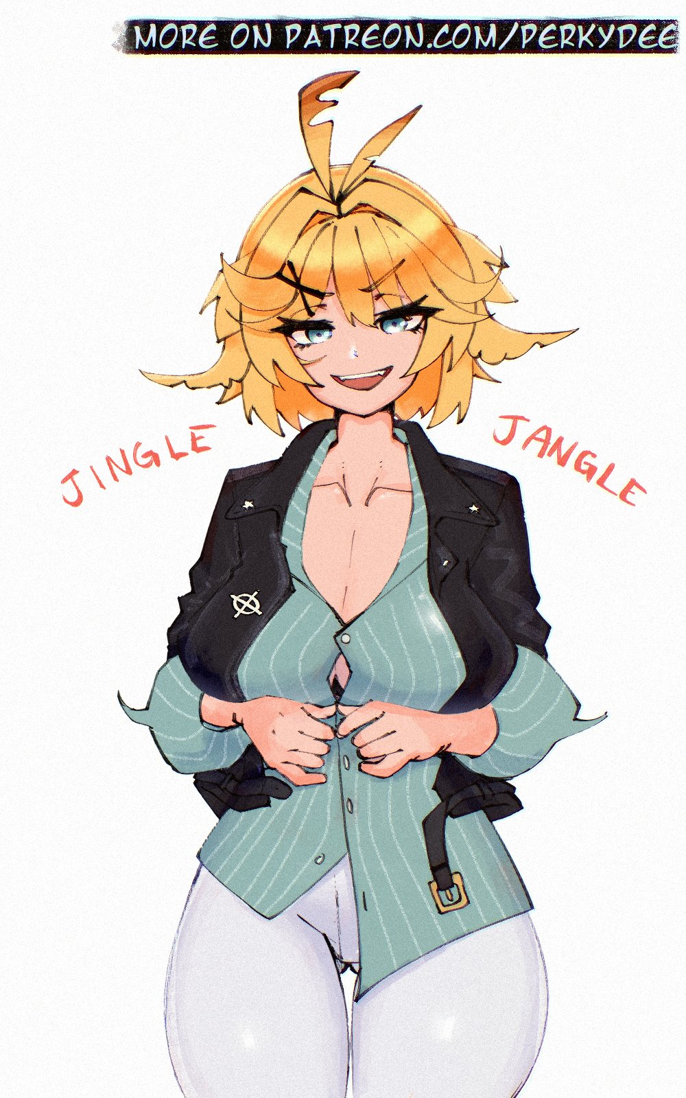 breasts, buttoned shirt, cleavage, clothed, dokibird, dokibird (bounty hunter), female, huge breasts, indie virtual youtuber, perkydee, solo, solo female, thick thighs, virtual youtuber, vtuber, vtuberfanart, white background