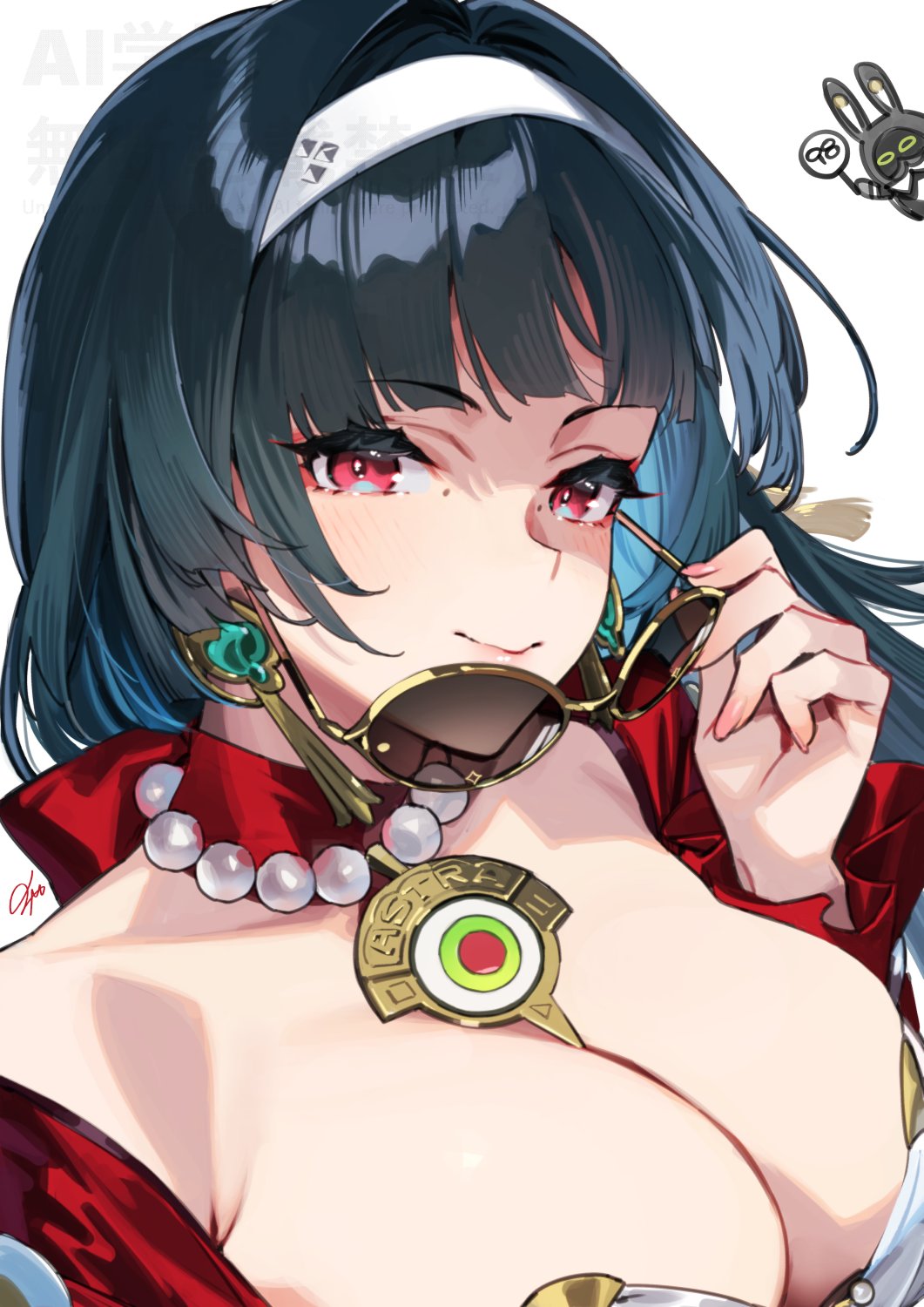 1girls, 92m, astra yao, bangboo (zenless zone zero), big breasts, black hair, blunt bangs, blush, breasts, earrings, female, female only, glasses, hairband, highres, jewelry, large breasts, long hair, necklace, red eyes, removing eyewear, smile, sunglasses, upper body, white hairband, zenless zone zero
