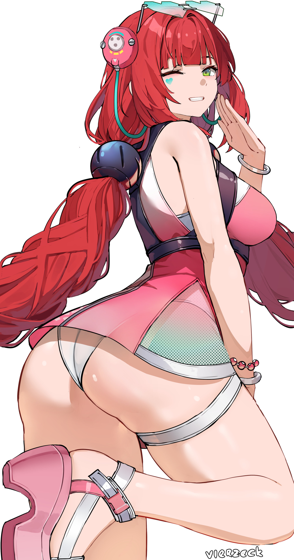 1boy, 1girls, ass focus, big breasts, breasts, female, glasses, glasses on head, green eyes, green-eyed female, heart glasses, heart-shaped glasses, highres, legs, light skin, light-skinned female, looking at viewer, male, official alternate costume, one eye closed, panties, posing, red eyes, red hair, red-haired female, simple background, smiling, standing on one leg, swimsuit, swimwear, thick thighs, thigh strap, twin braids, twintails, ukinami yuzuha, ukinami yuzuha (tanuki in broad daylight), white hair, wink, winking at viewer, zenless zone zero