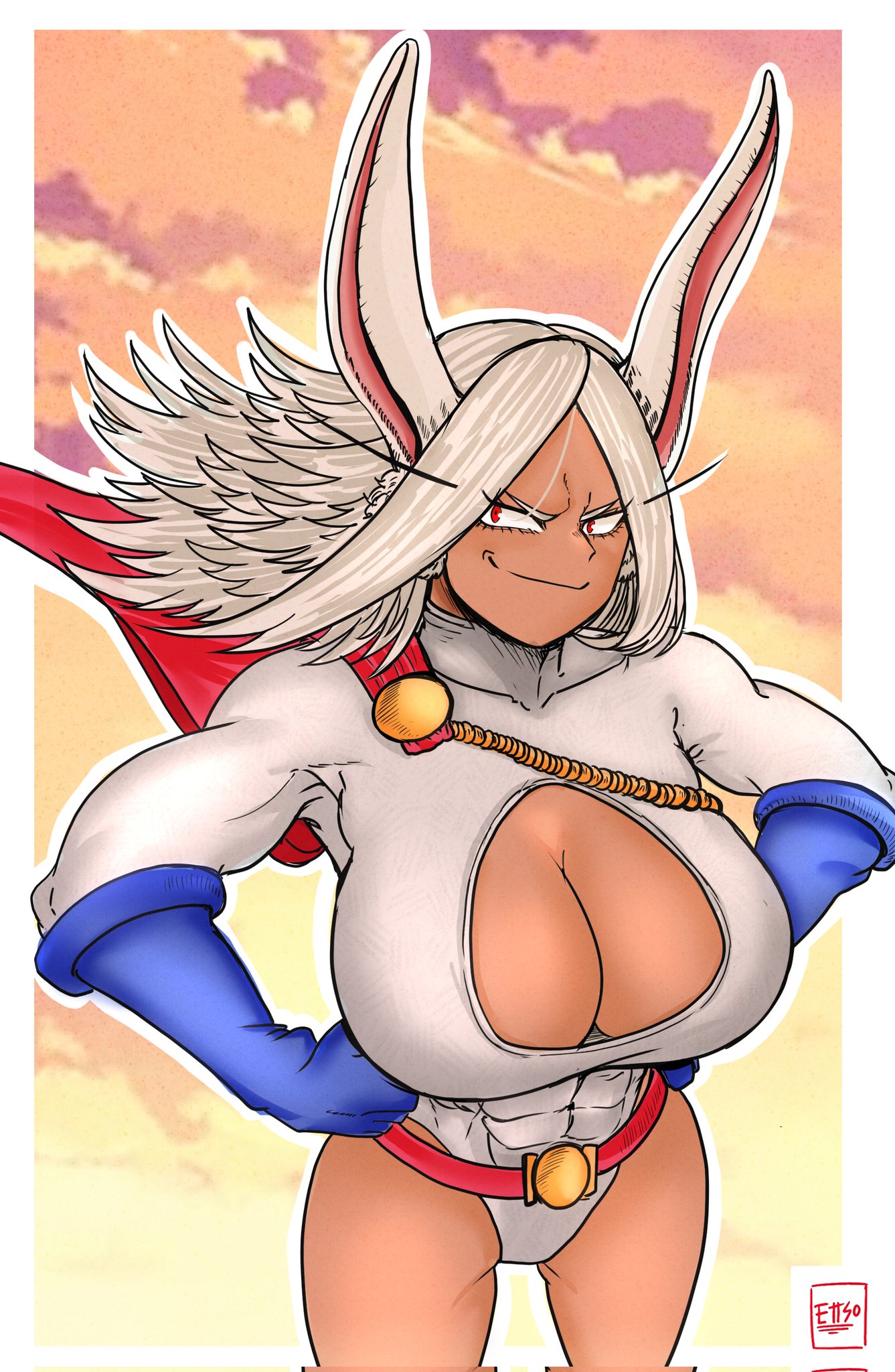 1girls, abs, athletic female, big breasts, breasts, bunny ears, bunny girl, cleavage, cosplay, crossover, dc, dc comics, ettso, female, huge breasts, mirko, miruko, muscular, muscular female, my hero academia, power girl (cosplay), rumi usagiyama, smug, smug face