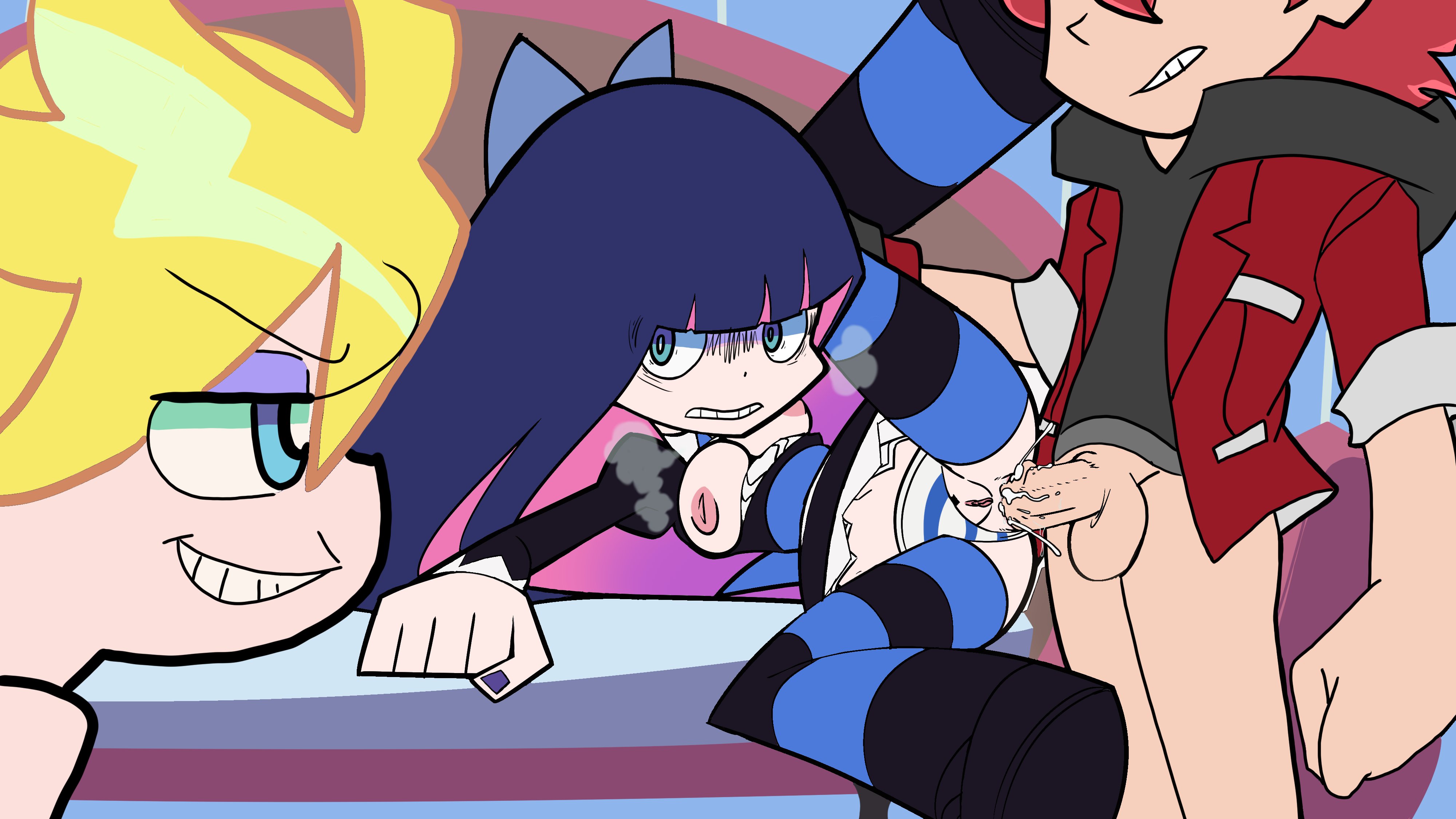 accurate art style, ahe gao, anal, being watched, blackchaos64, caught, commission, cum, cum in ass, cum inside, female, leg lift, legs up, legwear, on model, panties, panties aside, panty & stocking with garterbelt, panty anarchy, pussy, semen in anus, shimapan, stocking anarchy, striped panties, tongue out