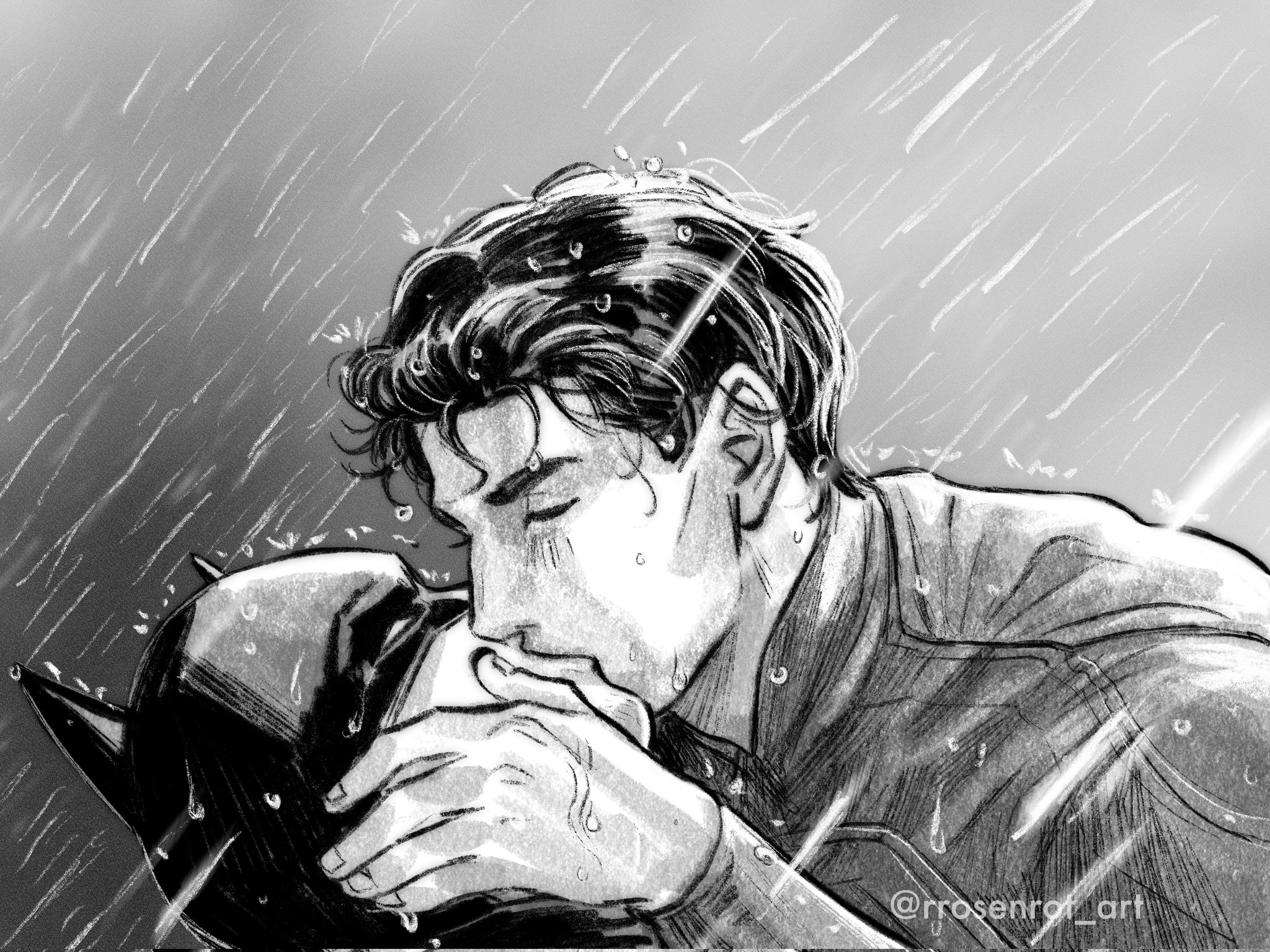 2boys, artist name, batman, batman (series), black and white, bruce wayne, clark kent, couple, dc, dc comics, dcu, gay, gay kissing, kissing, male, rain, raining, romantic, rrosenrot art, superbat, superman, superman (2025), superman (clark kent), superman (dcu), superman (series), wholesome, yaoi