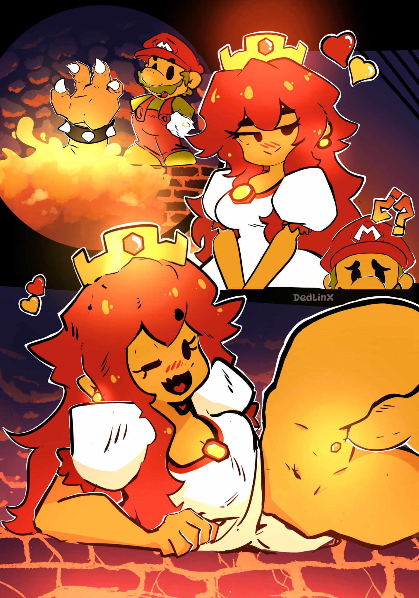 big breasts, big thighs, big titties, bowser, breasts, dedlinx, dress, female, female focus, long hair, male, mario, mario (series), nintendo, penetration, penis, penis in pussy, princess peach, princess toadstool, pubic hair, pussy, pussy juice, red hair, rubber, super mario bros., yellow skin