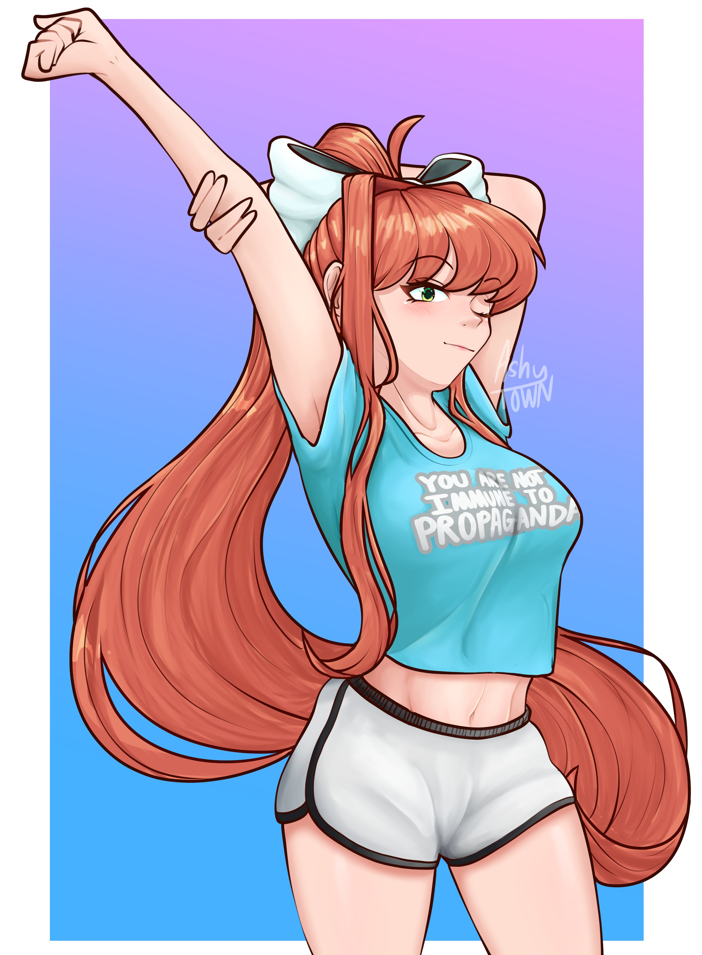 1girls, artist name, clothed, doki doki literature club, english text, female, female only, green eyes, long hair, monika (doki doki literature club), propaganda, redraw, shirt, shorts, solo, solo female, spicytown, text, text on clothing, text on shirt, text on topwear, you are not immune to propaganda