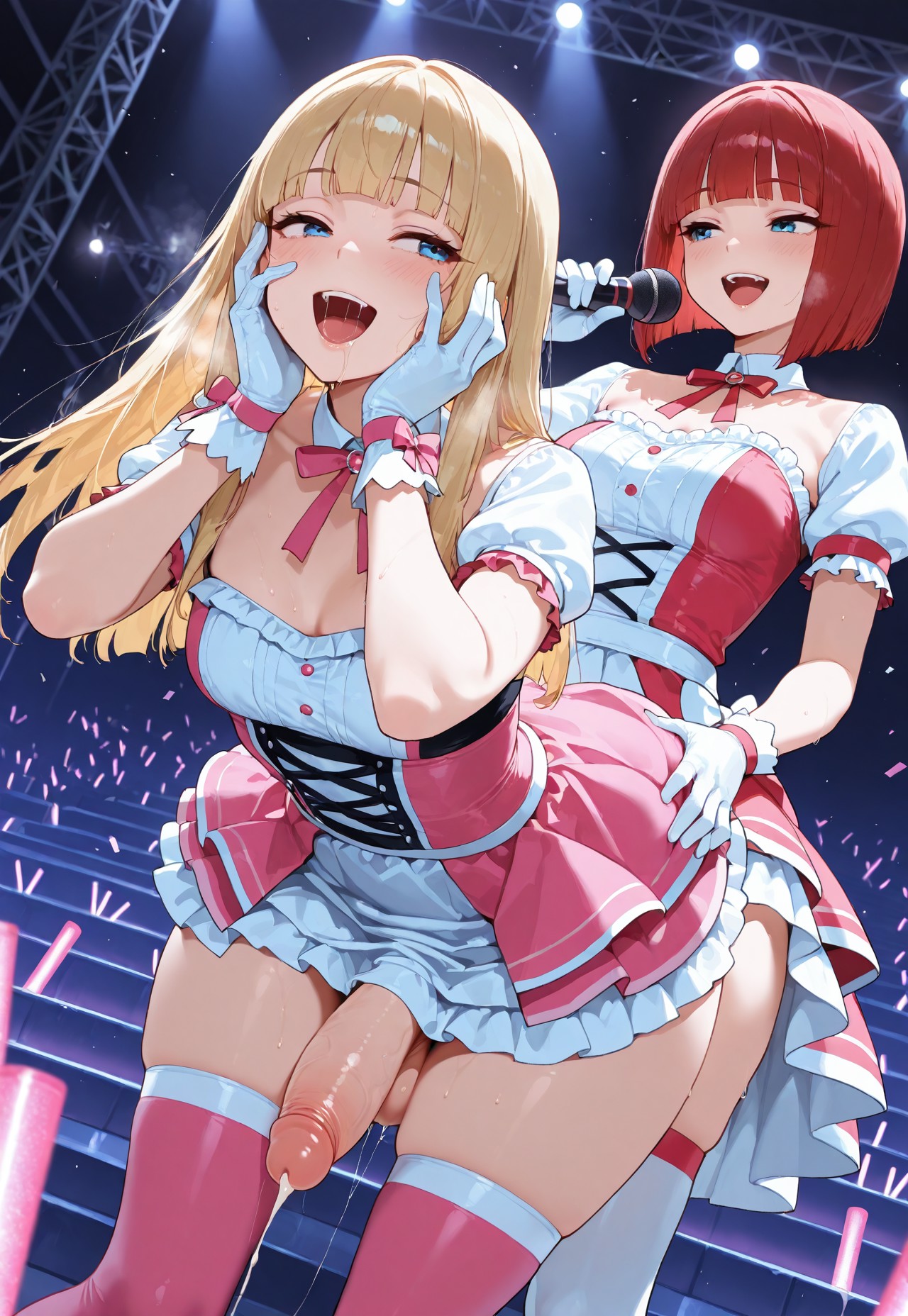 2futas, ai generated, balls, bending over, bent over, big penis, blonde hair, blue eyes, bob cut, cum, cumdrip, dress, female, futa on futa, futa only, futanari, gloves, hand on face, hand on hip, hands on face, hime cut, hime girl (jamesbron), idol, implied sex, intersex, jamesbron, large penis, leaning forward, legwear, long hair, medium hair, microphone, no panties, on stage, penis, red hair, sex from behind, singing, smile, standing, stockings, thighhighs, thighs, white legwear, white stockings, wide hips