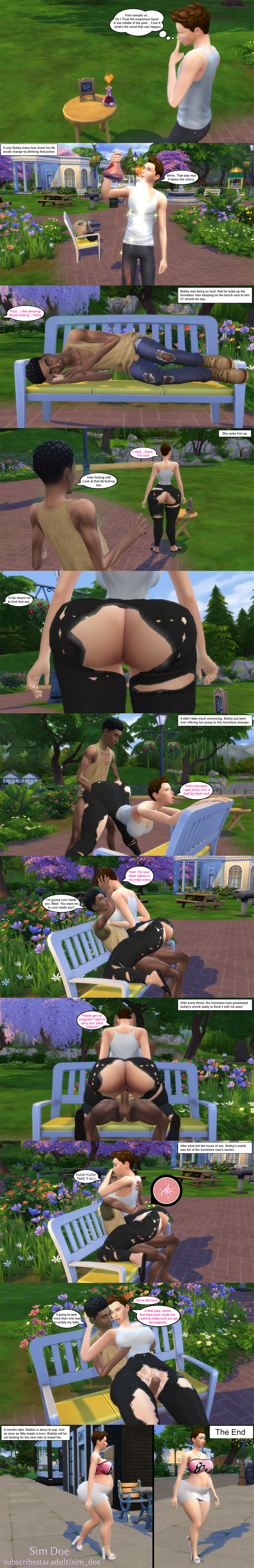 3d, after sex, after vaginal, age difference, ass, big ass, big belly, big breasts, big cock, bimbo, bimbo body, bimbo lips, bimbofication, bimbofied, bobbie carson(sim doe), breasts, breeding, breeding kink, breeding request, brown hair, caption, comic, comic page, comic strip, cowgirl position, cum in pussy, cum inside, cum on pussy, dark skin, dark-skinned male, dirty willy(sim doe), doggy style, doggy style position, doggy style sex, doggystyle position, english, english text, female, get pregnant (meme), high heels, hobo, homeless, homeless male, hourglass figure, hourglass figured female, huge ass, impregnated, impregnation, impregnation kink, impregnation request, interracial, interracial sex, light-skinned female, male, male to female, massive ass, original characters, penis, pregnancy, pregnant, pregnant belly, pregnant female, public sex, pussy, revealing clothes, revealing outfit, sex, sex from behind, sex in public, short hair, sim doe, speech bubble, speech bubbles, submissive, submissive male, the sims, the sims 4, thick ass, thick hips, thick legs, thick thighs, torn clothes, torn clothing, torn legwear, torn pants, transformation, vaginal penetration, virgin, virginity, virginity loss