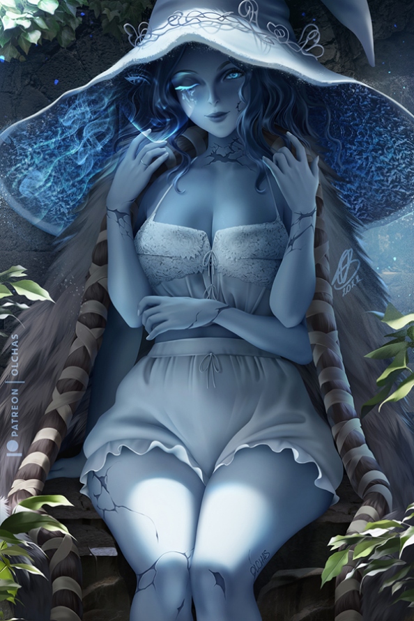 bare shoulders, barefoot, black hair, blue eyes, breasts, cleavage, collarbone, elden ring, female, flower, forest, fromsoftware, grass, hat, jewelry, large breasts, lips, long hair, looking at viewer, medium breasts, nature, navel, olchas, patreon username, plant, ranni the witch, sitting, smile, solo, vines, watermark, web address