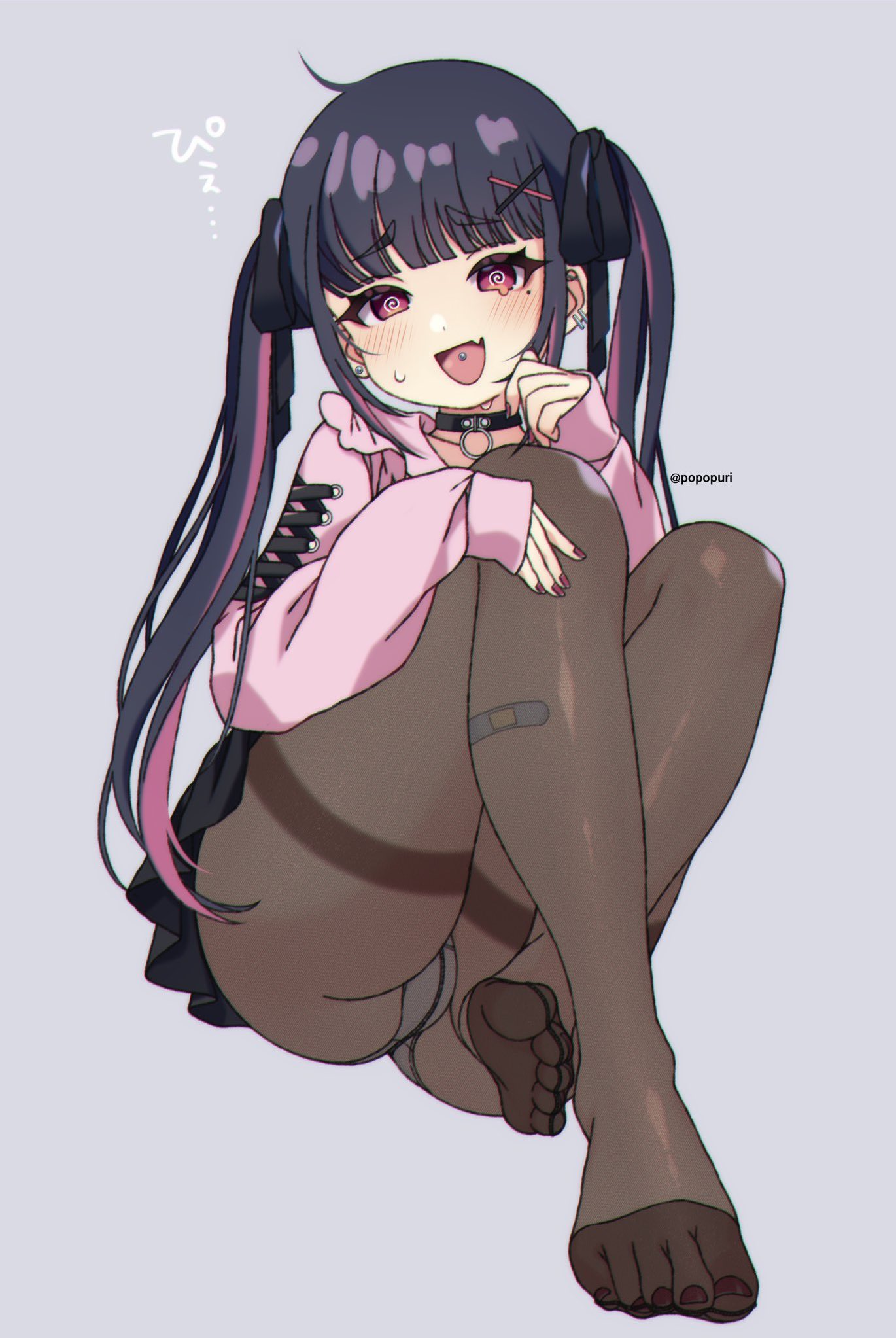 @ @, ahoge, bandaid, bandaid on leg, black choker, blush, brown pantyhose, choker, ear piercing, eyebrows hidden by hair, fang, female, full body, grey background, highres, jacket, jirai kei, knees up, long hair, looking at viewer, multicolored hair, nail polish, open mouth, original, panties, panties under pantyhose, pantyhose, piercing, pink hair, pink jacket, popo (popopuri), purple hair, simple background, sitting, skin fang, soles, solo, streaked hair, sweat, toenail polish, toenails, tongue piercing, underwear, white panties