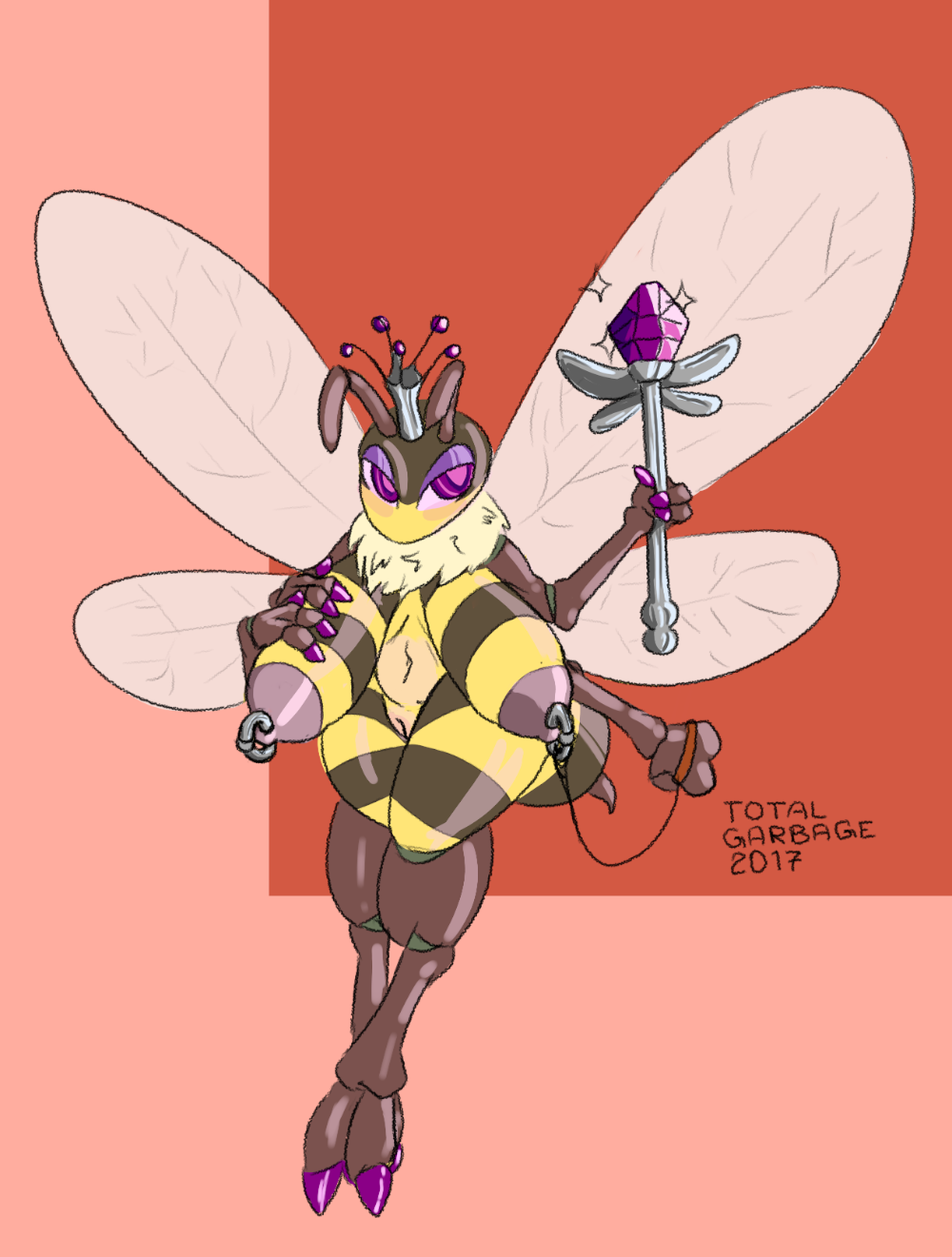 antennae anthro anthro_only arthropod bee big_breasts blush breasts colored crown female flying huge_breasts insects multi_arm multi_limb neck_tuft nipple_piercing nipples nude piercing pussy queen royalty scepter simple_background solo sparkle stinger totalgarbage tuft wide_hips wings