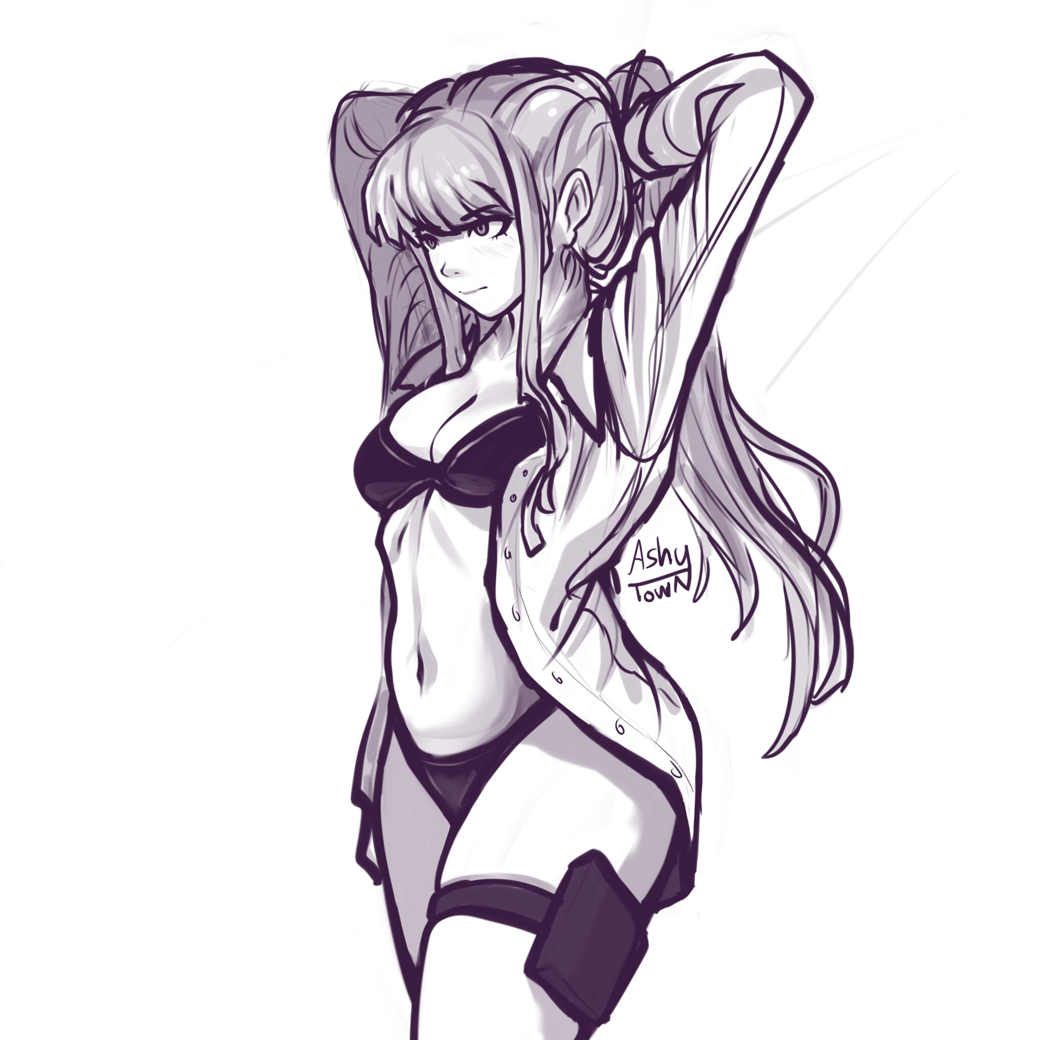 artist name, bra, breasts, cleavage, danganronpa, danganronpa: trigger happy havoc, doing hair, female, female only, getting dressed, getting ready, kirigiri kyoko, long hair, navel, panties, spicytown, tying hair