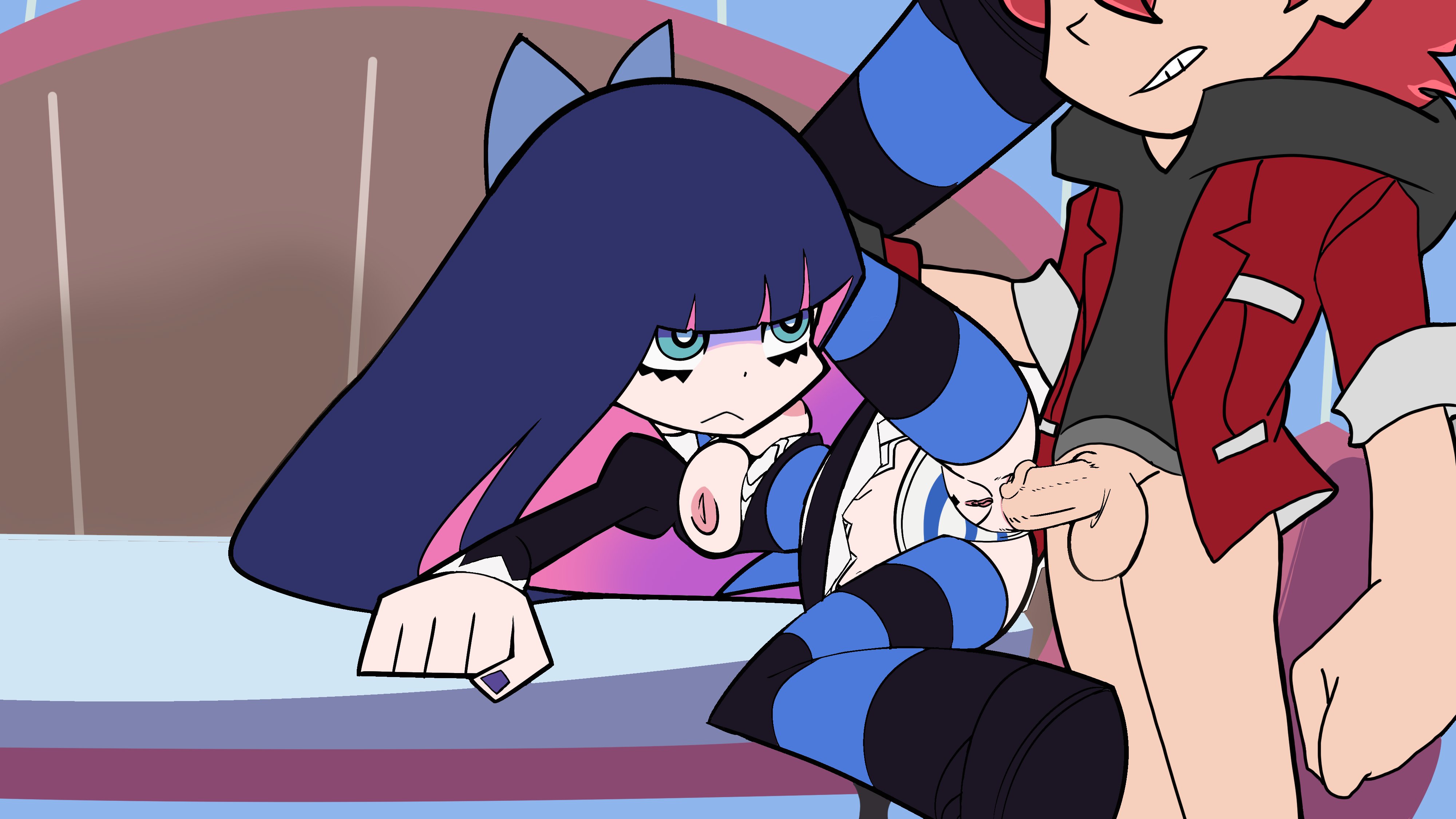 accurate art style, anal, blackchaos64, commission, emotionless, female, on model, panties, panties aside, panty & stocking with garterbelt, pussy, shimapan, stocking anarchy, striped panties