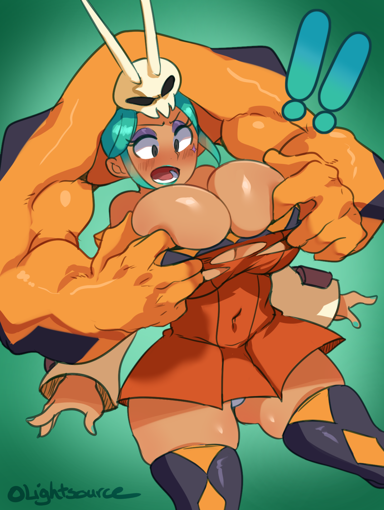 assisted exposure, big breasts, blush, breasts, cassandra veranos, cerebella, cleavage, covered nipples, female, female only, large breasts, lightsource, skullgirls, solo, thighhighs, torn clothes, vice-versa