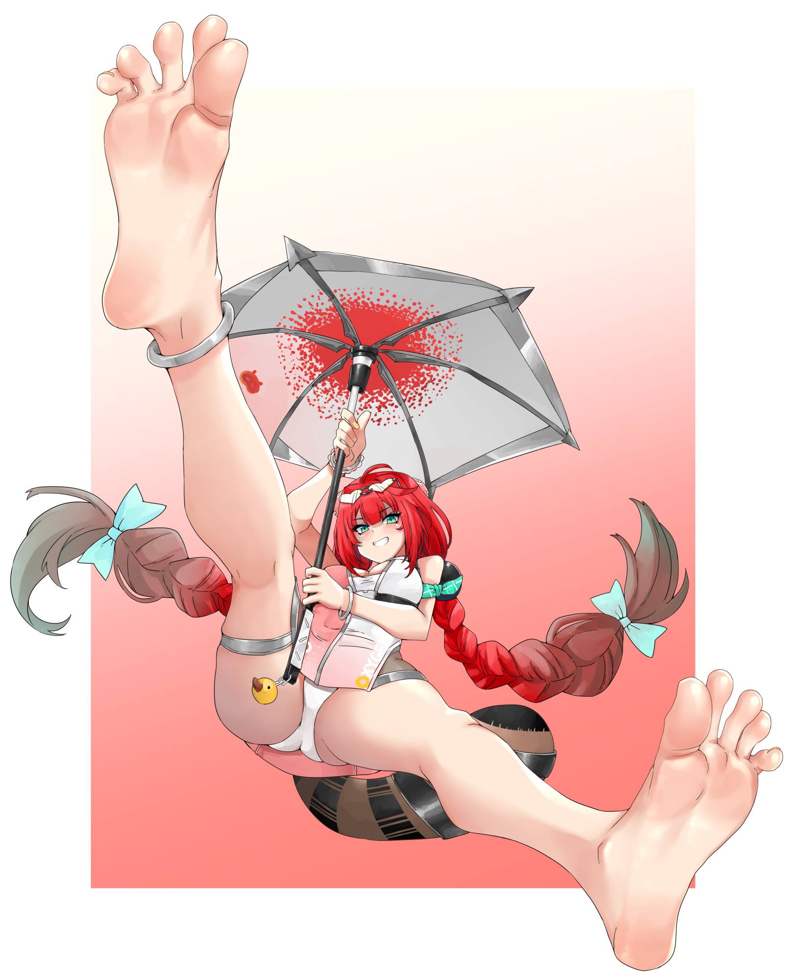 1girls, artist request, ass, ass visible through thighs, barefoot, breasts, cleavage, falling, feet, female, fingerlike toes, glasses, gradient background, grin, heart glasses, heart-shaped glasses, highres, holding umbrella, jumping, large breasts, legs apart, official alternate costume, outstretched legs, panties, pantyshot, simple background, smile, soles, toes, ukinami yuzuha, ukinami yuzuha (tanuki in broad daylitht), umbrella, zenless zone zero