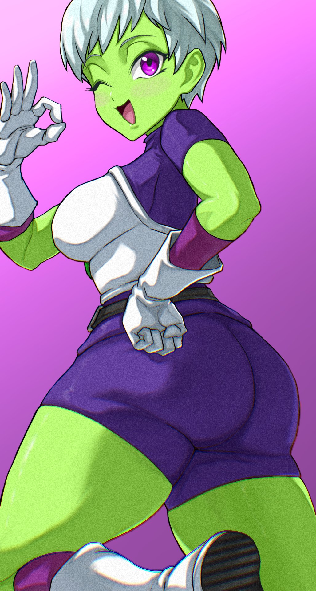 1girls, alien, alien girl, ass, back view, breasts, busty, cheelai, curvy, dragon ball, dragon ball super, female, green skin, okay sign, purple eyes, round ass, short hair, takundraws, thick thighs, white hair, wink