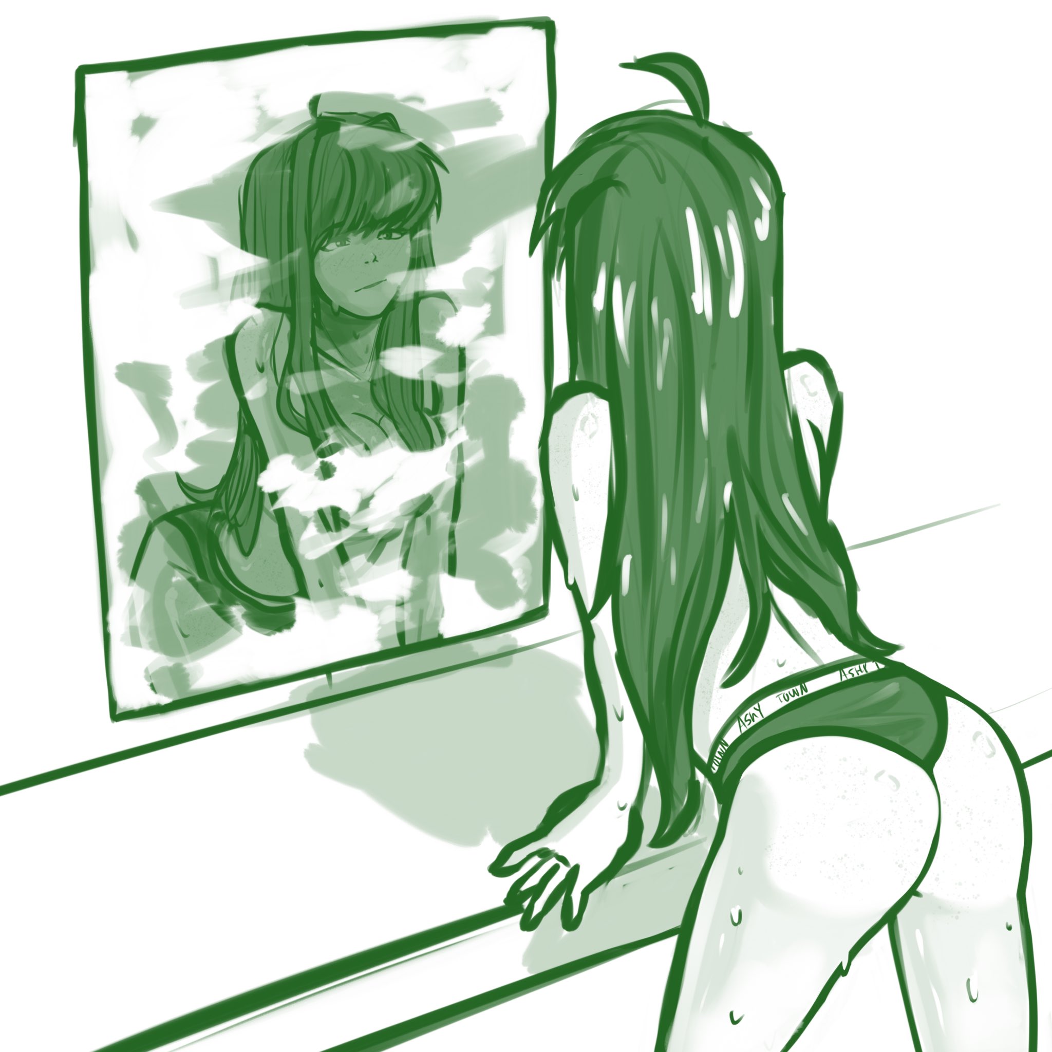 ass, breasts, butt, convenient censoring, doki doki literature club, female, female only, long hair, mirror, mirror reflection, monika (doki doki literature club), reflection, spicytown