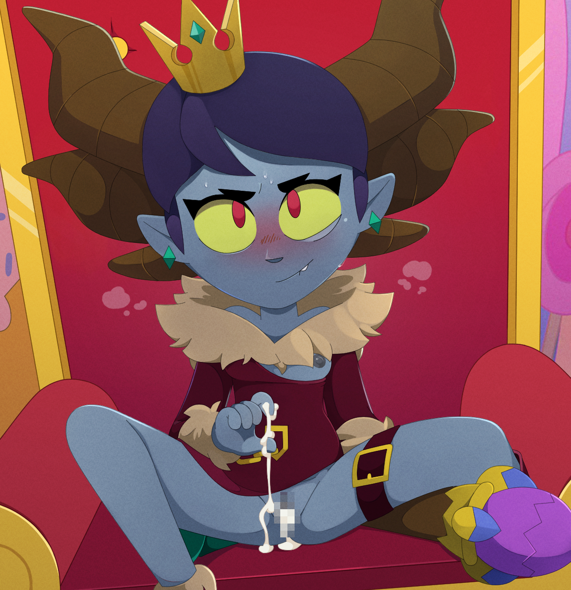 1girls, accurate art style, biocrine, blue skin, blush, brawl stars, cum, cum in pussy, female, highres, horns, mandy (brawl stars), pussy, supercell, tagme