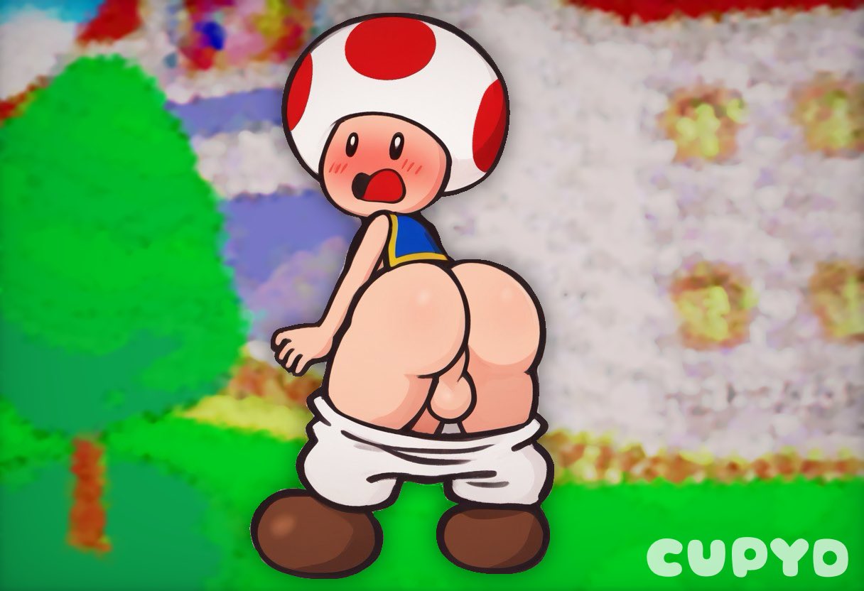 1boy, 1femboy, 2025, ass, ass out, background, balls, ballsack, big ass, big butt, blush, blush lines, blushing, bottom heavy, boy, brown shoes, castle, cupyd, embarrassed, embarrassed nude male, femboy, femboy focus, femboy only, fence, gay, gay male, grass, humanoid genitalia, humanoid penis, light skin, light-skinned male, male, male only, mario (series), pants down, penis, shocked expression, shoes, small male, solo, solo focus, solo male, super mario 64, super mario bros., tagme, toad (mario), tree