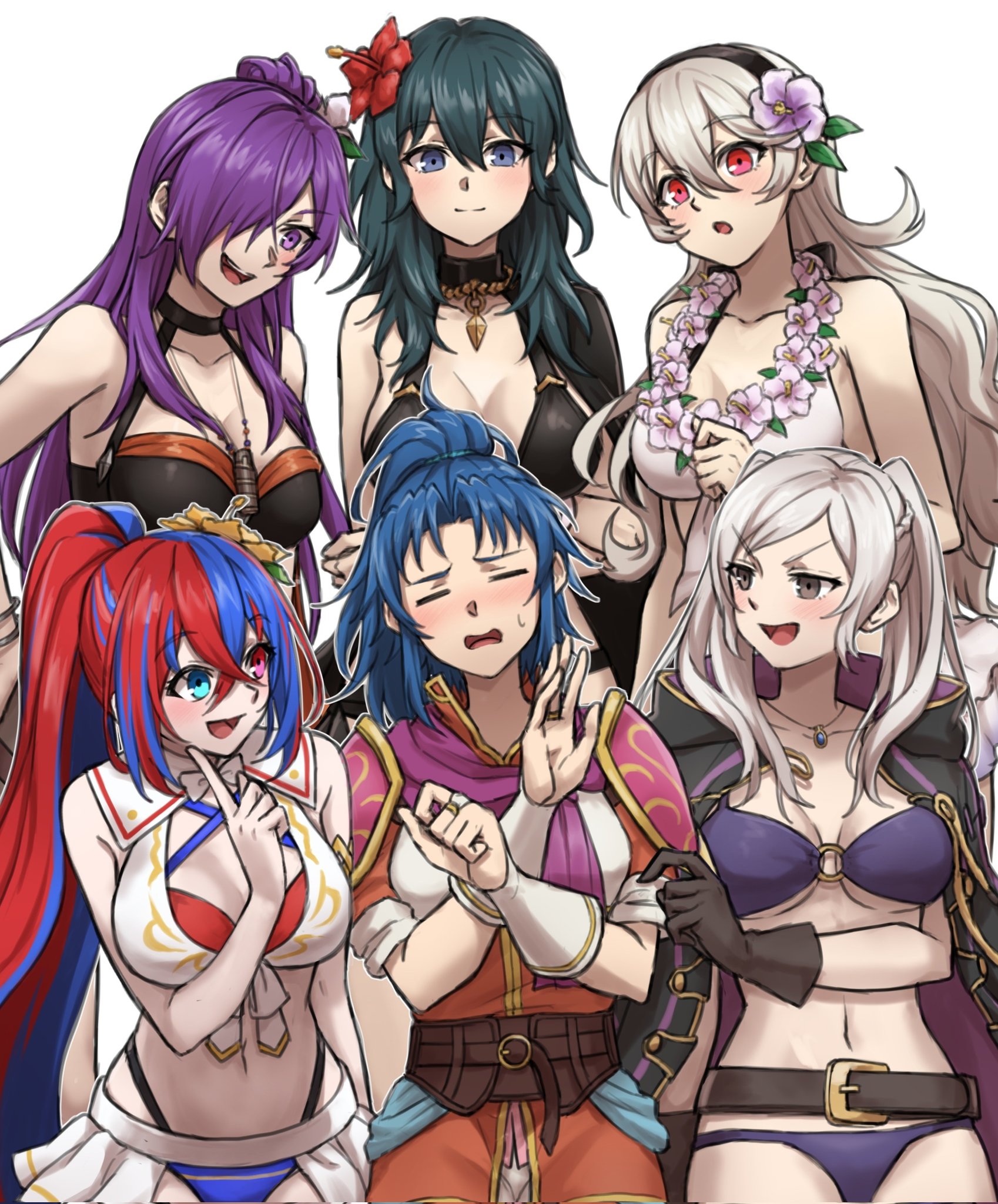6+girls, alear (fire emblem), alear (fire emblem) (female), armor, bikini, black bikini, blue eyes, blue hair, breasts, byleth (fire emblem), byleth (fire emblem) (female), byleth (summer) (fire emblem) (female), corrin (fire emblem), corrin (fire emblem) (female), female, female only, fire emblem, fire emblem awakening, fire emblem engage, fire emblem fates, fire emblem heroes, flower, flower necklace, grey eyes, grey hair, hair flower, hair ornament, heterochromia, highres, in-franchise crossover, intelligent systems, jewelry, kris (fire emblem), kris (fire emblem) (female), large breasts, looking at another, multicolored hair, multiple females, multiple girls, necklace, nintendo, official alternate costume, official alternate hairstyle, ponytail, purple bikini, purple eyes, purple hair, red eyes, red hair, robin (fire emblem), robin (fire emblem) (female), shez (fire emblem), shez (fire emblem) (female), shoulder armor, split-color hair, sweatdrop, swimsuit, teal hair, twintails, white bikini, zuzu (ywpd8853)