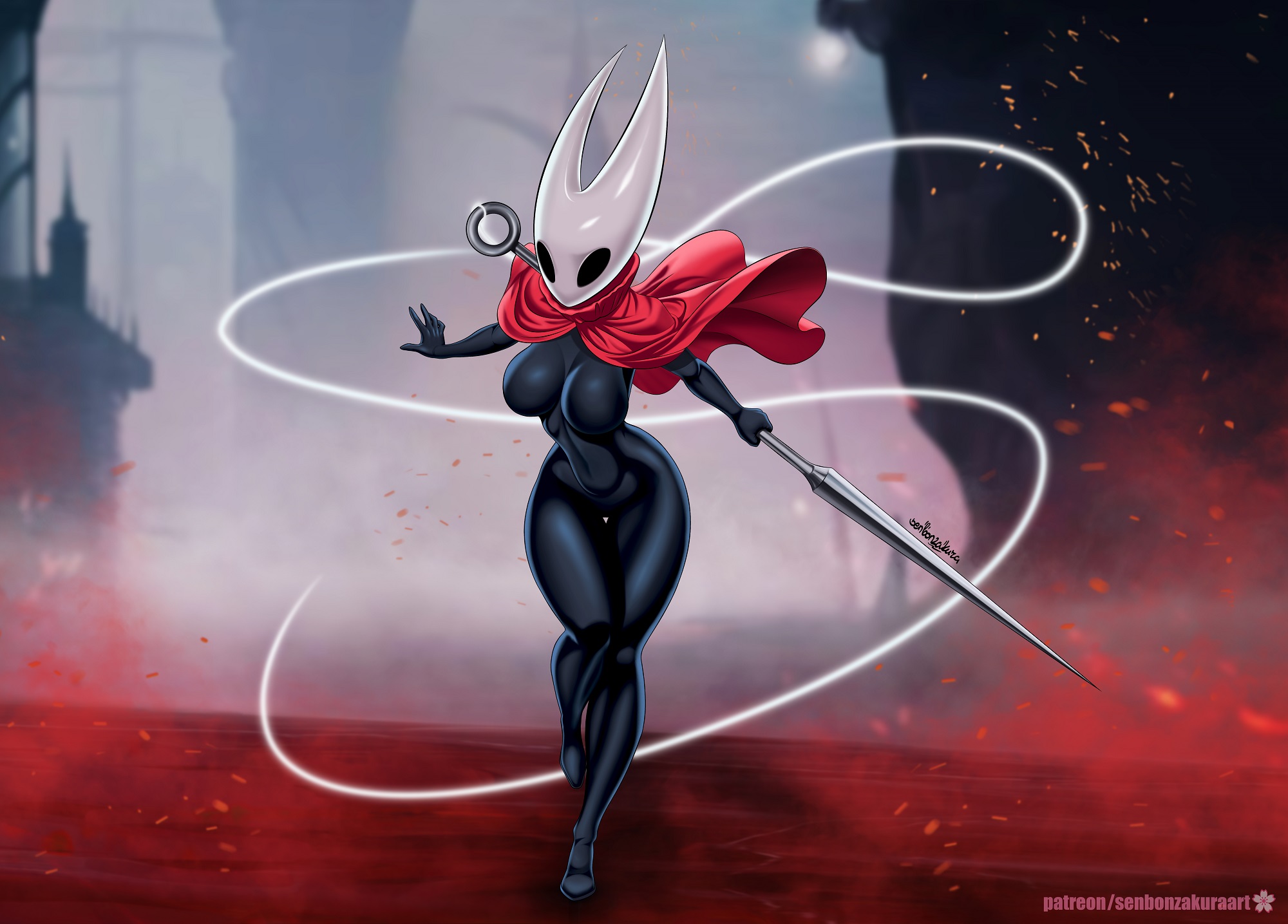 1girls, alluring, background thighs thighs, big breasts, big eyes, big thighs, black bodysuit, black eyes, bodysuit, breasts, calves, costume, dark skin, dark-skinned female, enticing, female, female focus, female only, fit, fit female, girl solo, helmet, hollow knight, hollow knight (franchise), hollow knight: silksong, hornet (hollow knight), horns, jpeg, knight, legs, mask, masked, masked female, no nipples, only girl, only woman, posing, senbonzakuraart, slim waist, solo, solo female, solo focus, solo girl, solo woman, spear, standing, the knight (hollow knight), thick hips, thick legs, thick thighs, thighhighs, thighs, tight clothes, tight clothing, tight fit, voluptuous, voluptuous female, weapon, wide hips, woman only, woman solo