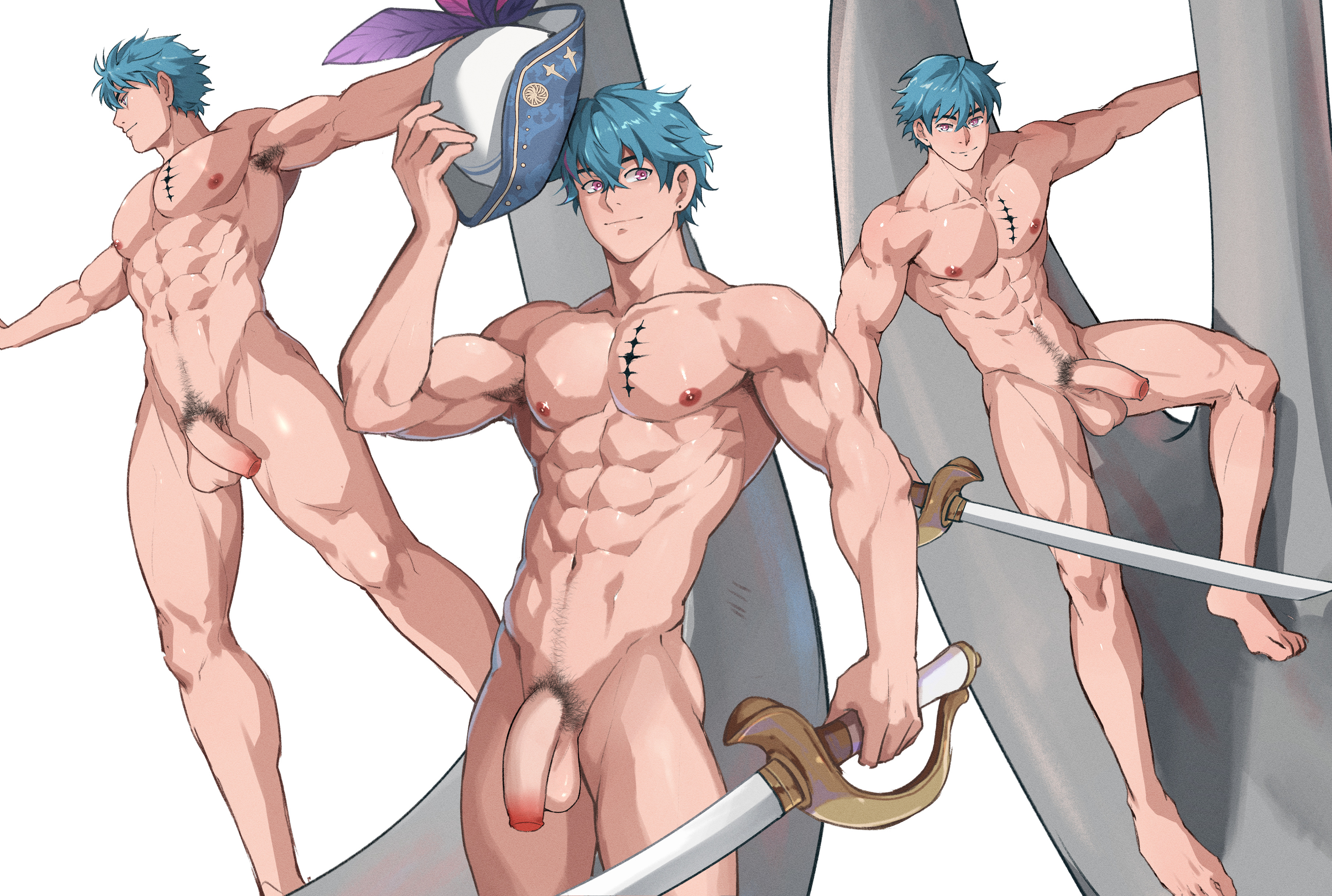 1boy, abs, armpit, armpit hair, balls, brant (wuthering waves), gay, gay male, happy trail, holding hat, jackray85674939, male, muscular, muscular male, nipples, nude, pecs, penis, pubic hair, solo, sword, wuthering waves, yaoi