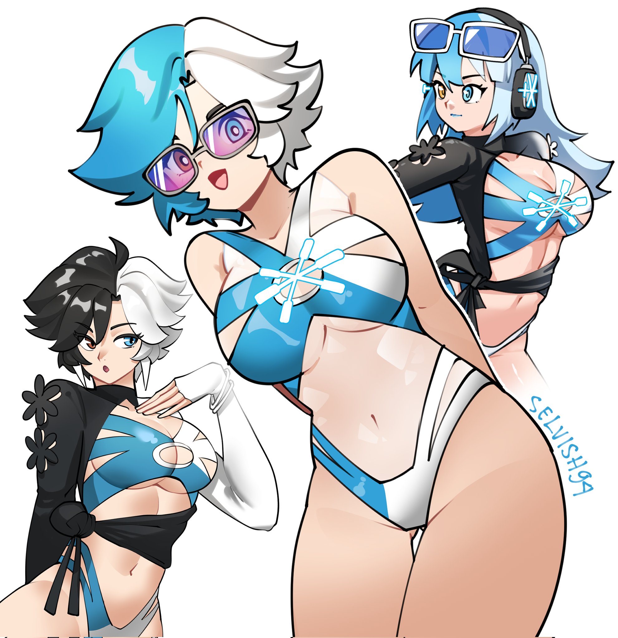 1girls, ass, belly button, big ass, big breasts, boob window, bracelet, breasts, cleavage, cute, cyan lipstick, female, female only, hand on breast, hands behind back, headphones, heterochromia, jacket on shoulders, jacket partially removed, large breasts, looking at viewer, looking away, luna snow, luna snow (cool summer), luna snow (marvel rivals), marvel, marvel comics, marvel rivals, midriff, mouth open, multicolored hair, navel, selvish94, silly, sunglasses, sunglasses on head, swimsuit, swimwear, thick thighs, thighs