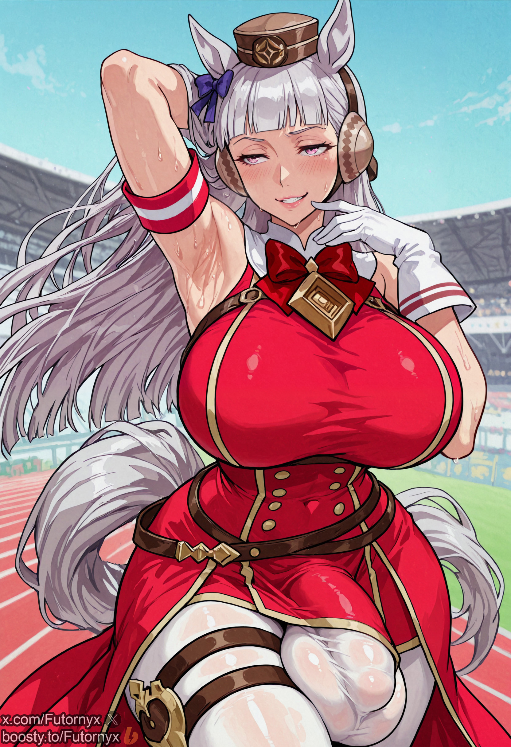 1futa, ai generated, armpits, balls, boosty, boosty username, breasts, bulge, dickgirl, futanari, futornyx, gold ship (umamusume), horse ears, huge balls, huge breasts, intersex, kemonomimi, large balls, large breasts, large testicles, solo, testicles, thick thighs, twitter username, umamusume, umamusume pretty derby, wide hips