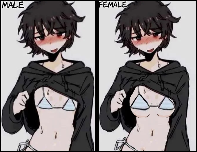 breasts, comparison, female, femboy, male, medium breasts, short hair, tagme, tomboy