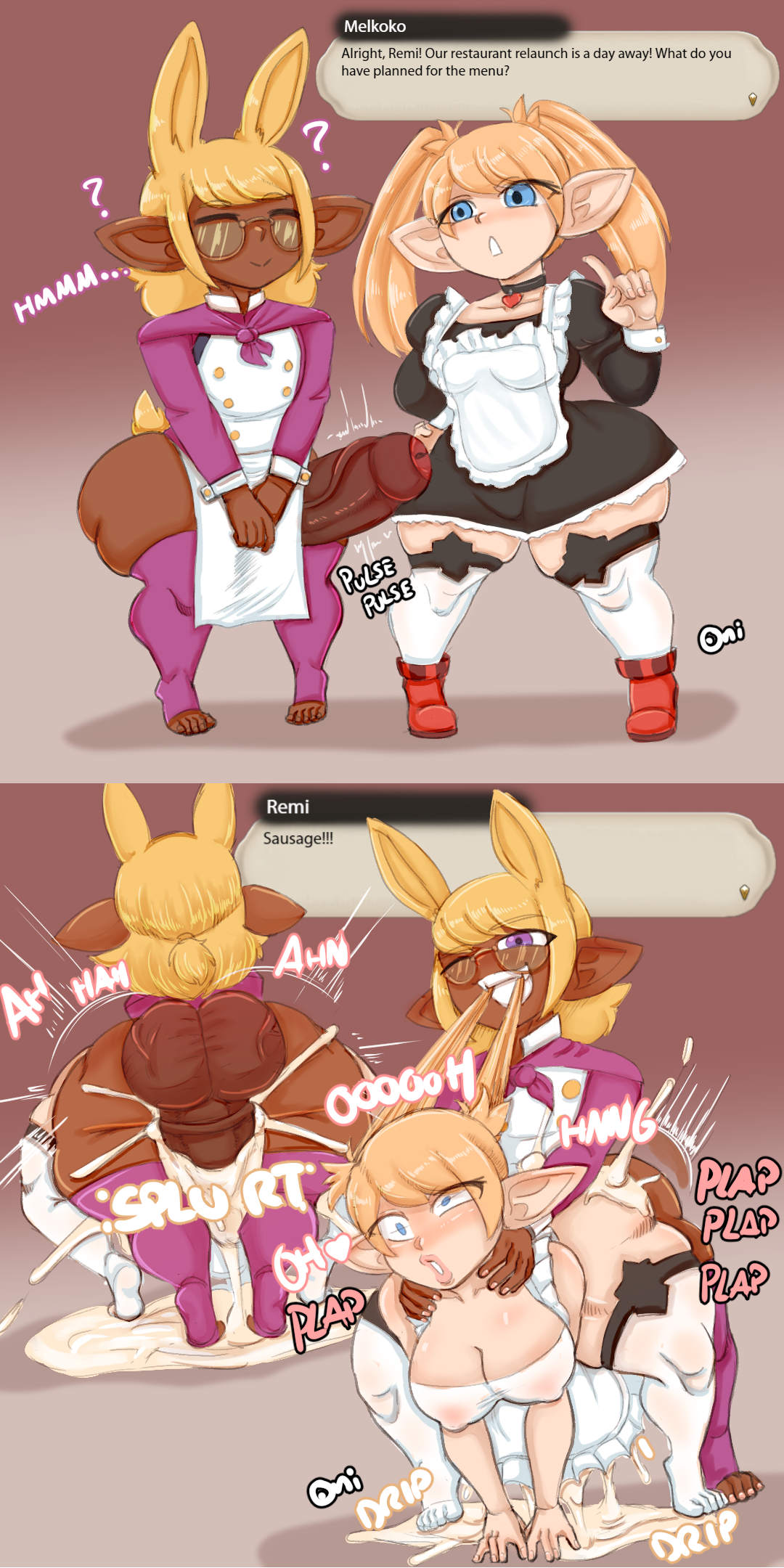 ahe gao, biting hair, bottom heavy, bubble butt, bunny boy, bunny ears, comic, dark-skinned male, dominant femboy, excessive cum, fan character, female, femboy on female, final fantasy, final fantasy xiv, glasses, gyaru, gyaru-oh, huge ass, huge cock, instant loss 2koma, lalafell, large penis, maid, maid outfit, maid uniform, male, melkoko melko, oni draws, original, original character, penis, pulling hair, remi (oni draws), shortstack, shortstack femboy, stirrup socks, stockings, teapot (body type), thick thighs, twintails, wide hips