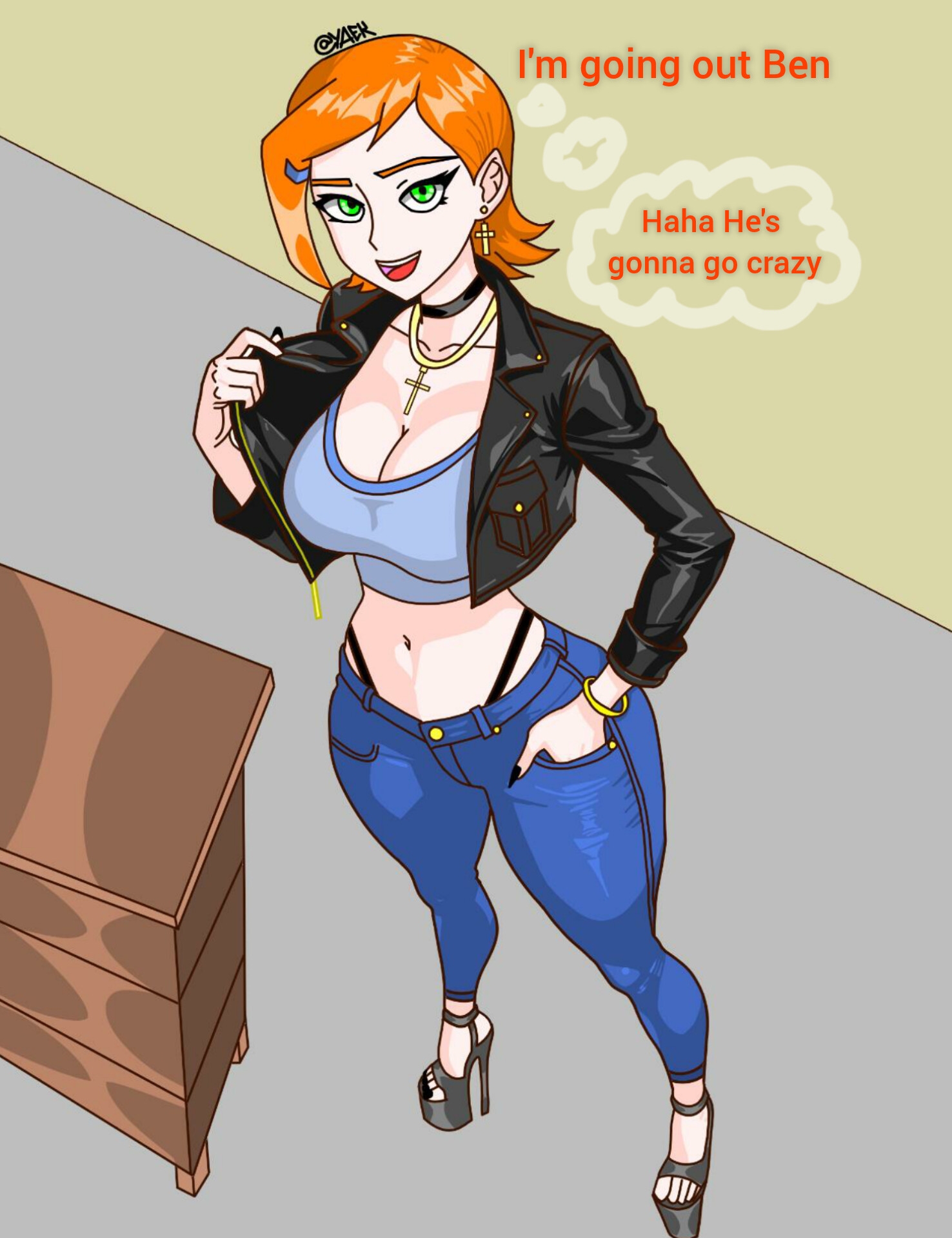 1girl, aged up, ben 10, ben 10 (classic), big breasts, black choker, black nails, choker, earrings, green eyes, gwen tennyson, gwen tennyson (classic), high heels, red hair, solo, solo female, wide hips