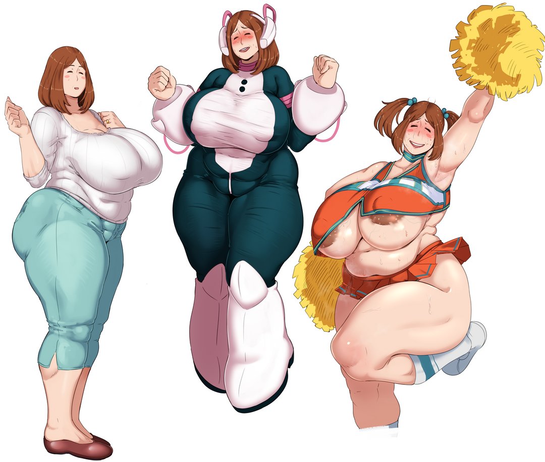 belly overhang, cheerleader, female, milf, mother, my hero academia, no bra, no bra under clothes, no panties, no panties under skirt, ochako uraraka (cosplay), ochako's mother, skirt, sunnysundown, tagme