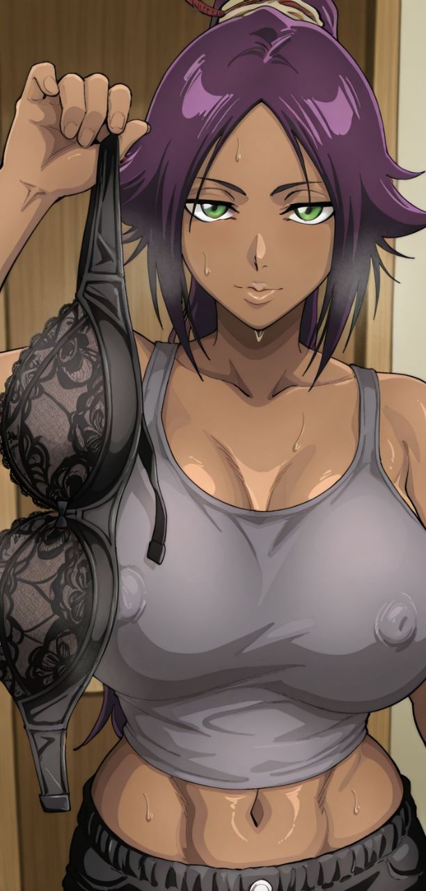 1girls ai_generated big_breasts bleach bleach:_the_thousand-year_blood_war bra curvy curvy_body curvy_female curvy_figure dark-skinned_female dark_skin female female_only huge_breasts kyoru189 large_breasts looking_at_viewer mature_female nipple_bulge nipples seductive seductive_look shihouin_yoruichi shiny shiny_skin solo solo_female sweat sweaty tank_top yoruichi_shihouin