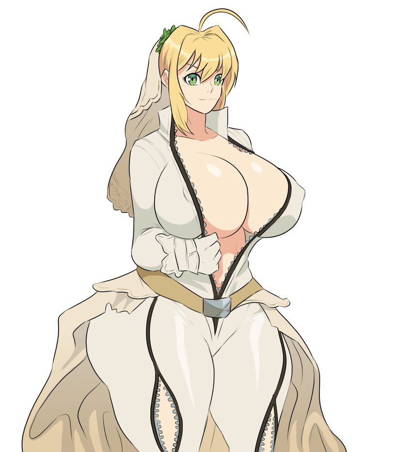 ahoge, ass, blonde hair, breasts, cleavage, fat ass, fate (series), fate/extra ccc, fate/grand order, female, female only, green eyes, huge ass, huge breasts, jay-marvel, looking at viewer, nero claudius (bride), nero claudius (fate), open jacket, simple background, smile, solo, thick, thick thighs, voluptuous, white background, wide hips