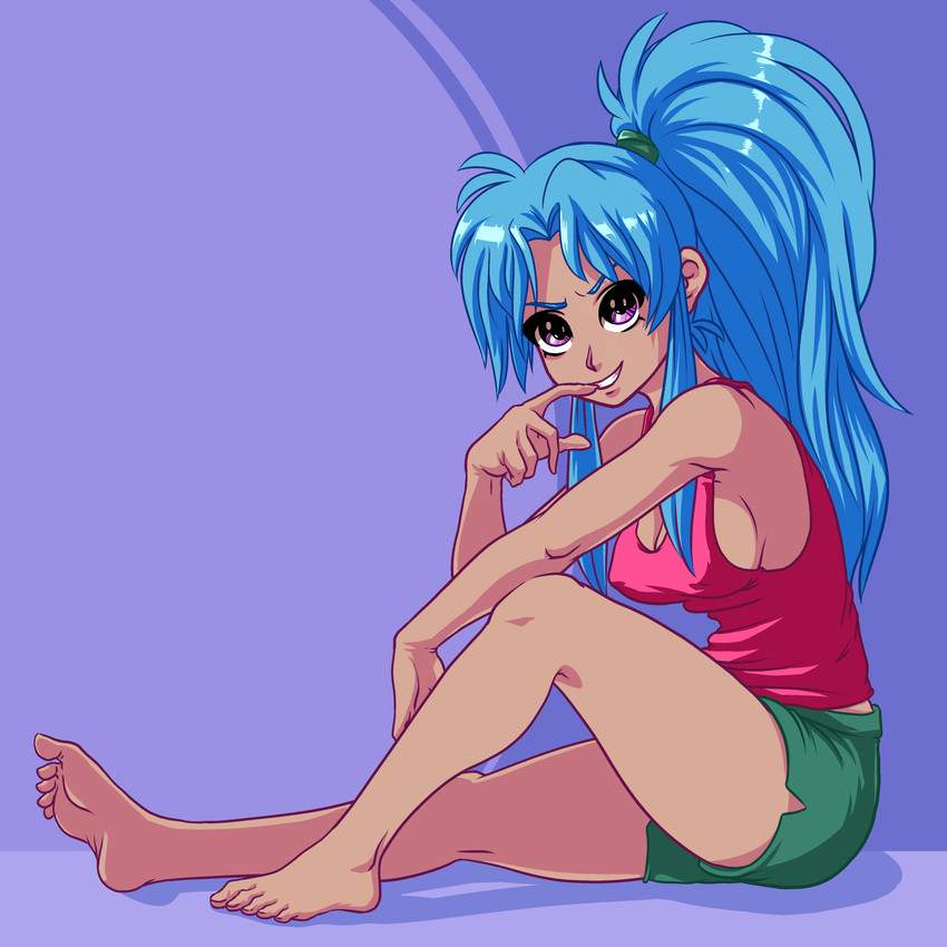 1girls blue_hair botan breasts cleavage female female_only grin hair_tie plague_of_gripes seductive smile solo yu_yu_hakusho