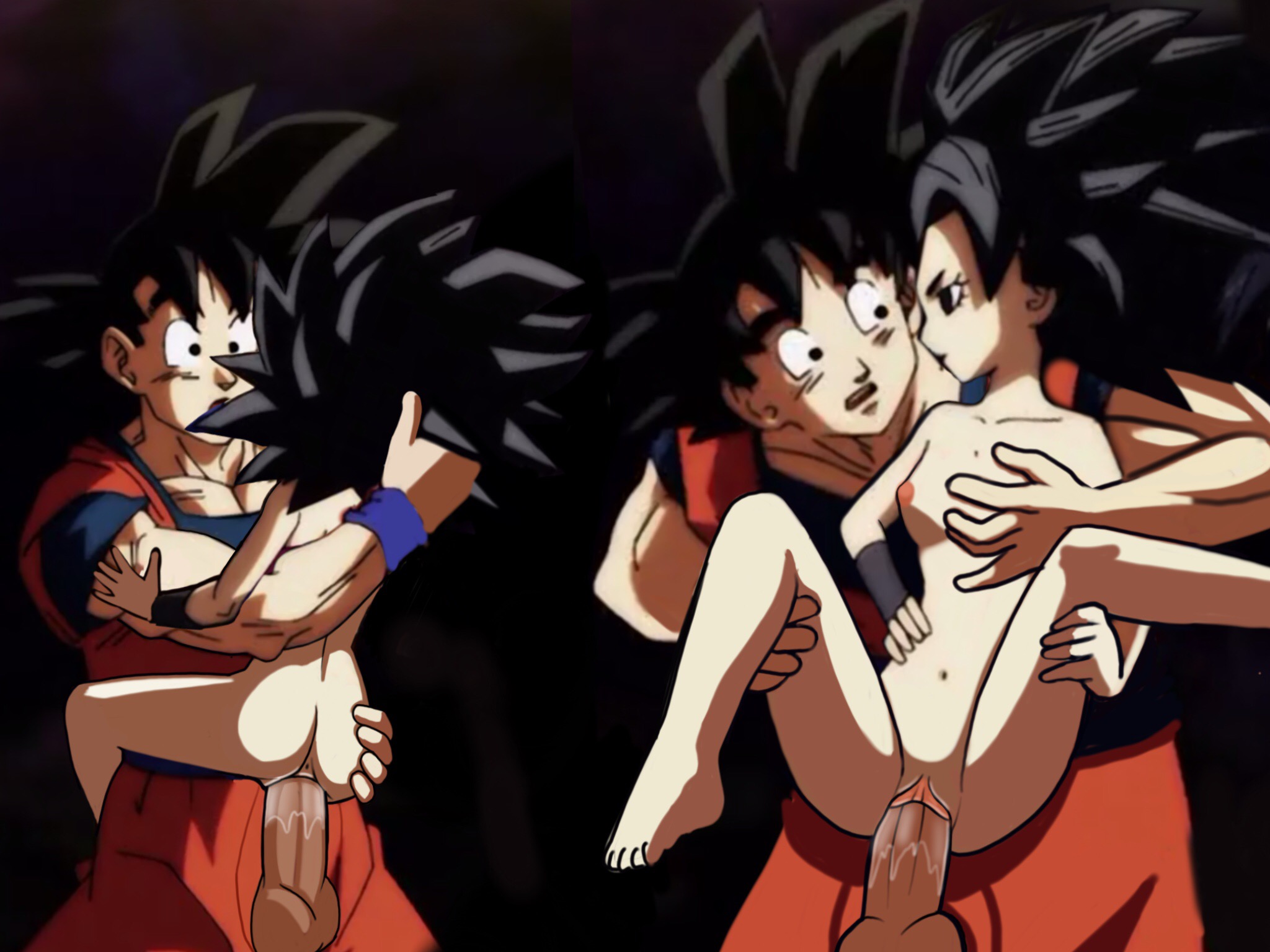 black eyes, black hair, breasts, caulifla, clothes, dragon ball, dragon ball super, female, goku, light skin, light-skinned female, long hair, male, nude, penetration, penis, pussy, saiyan, sex, son goku, spiky hair, straight, universe 6, universe 6 saiyan/universe 7 saiyan, universe 6/universe 7, vaginal penetration