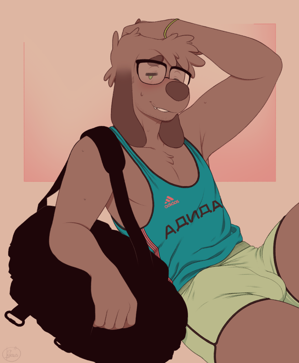 2017 anthro bearra blush brown_fur brown_hair brown_nose bulge clothing erection eyewear fur glasses green_eyes gym_bag hair invalid_tag male male_only penis_outline reed_(bearra) shirt shorts solo sweat tank_top