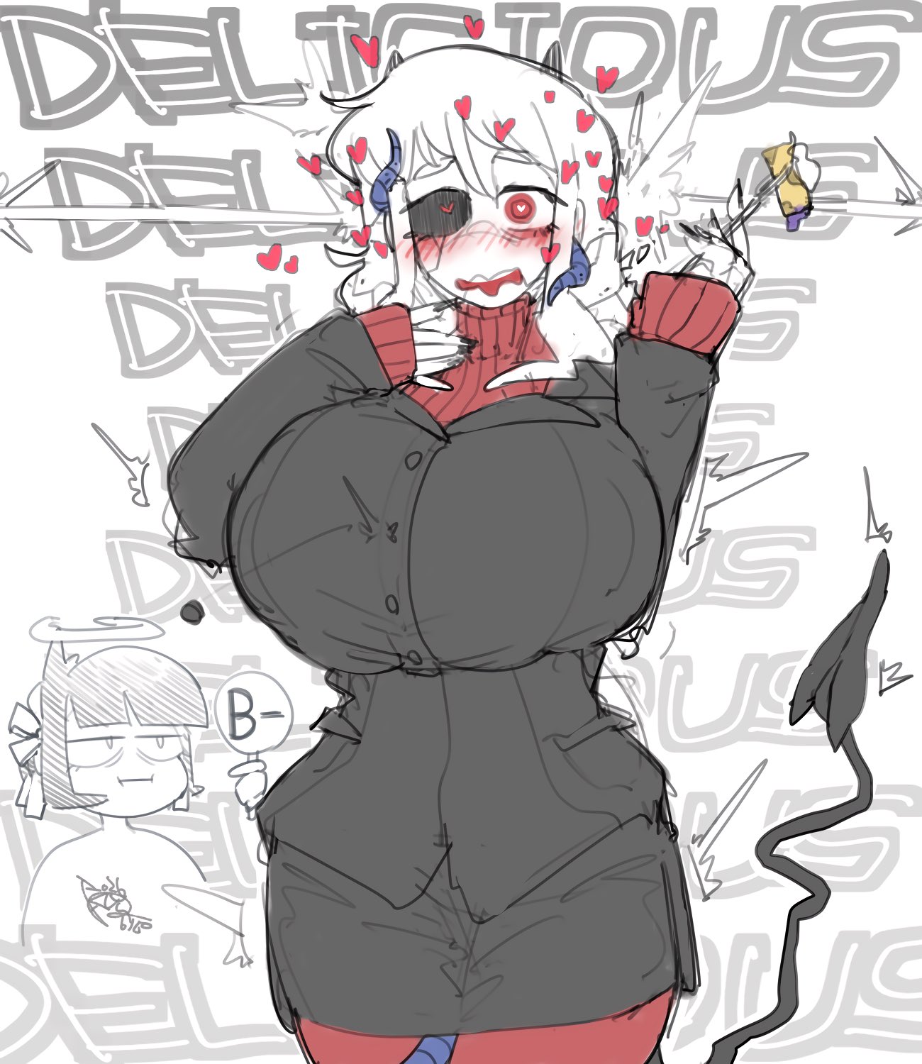 2026, 2girls, angel, areola bulge, ayatakazumu, azazel (helltaker), between legs, between thighs, black nails, black sclera, blush, blushing, breasts, bursting breasts, busty, button pop, clothed, clothed female, clothing, curvaceous, curvy, demon, demon girl, demon horns, demon humanoid, demon tail, dress shirt, duo, embarrassed, female, female only, food, front view, fully clothed, hair, hair between eyes, halo, heart, heart-shaped pupils, hearts, hearts around head, helltaker, horned humanoid, horns, huge breasts, humanoid, legs together, light skin, light-skinned female, long hair, long sleeves, looking at viewer, modeus (helltaker), multiple girls, nail polish, open mouth, pancake, puffy areola, rating card, red eyes, sharp fingernails, signature, solo focus, spade tail, standing, sweater, tail, tentacle, tentacle between legs, thighs, turtleneck, white background