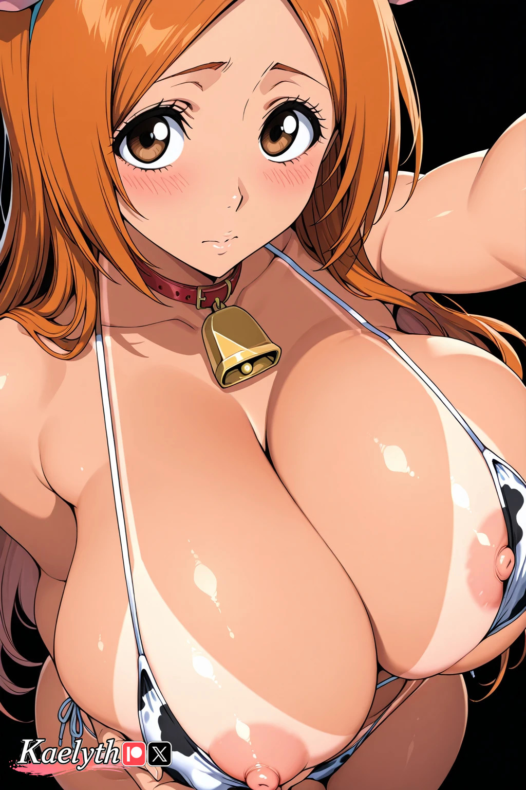 1girls ai_generated big_ass big_breasts bikini bleach blush cow_ears cow_horns female female_only huge_ass huge_breasts huge_thighs inoue_orihime kaelyth long_hair nipple_slip nipples no_background orihime_inoue tan_body