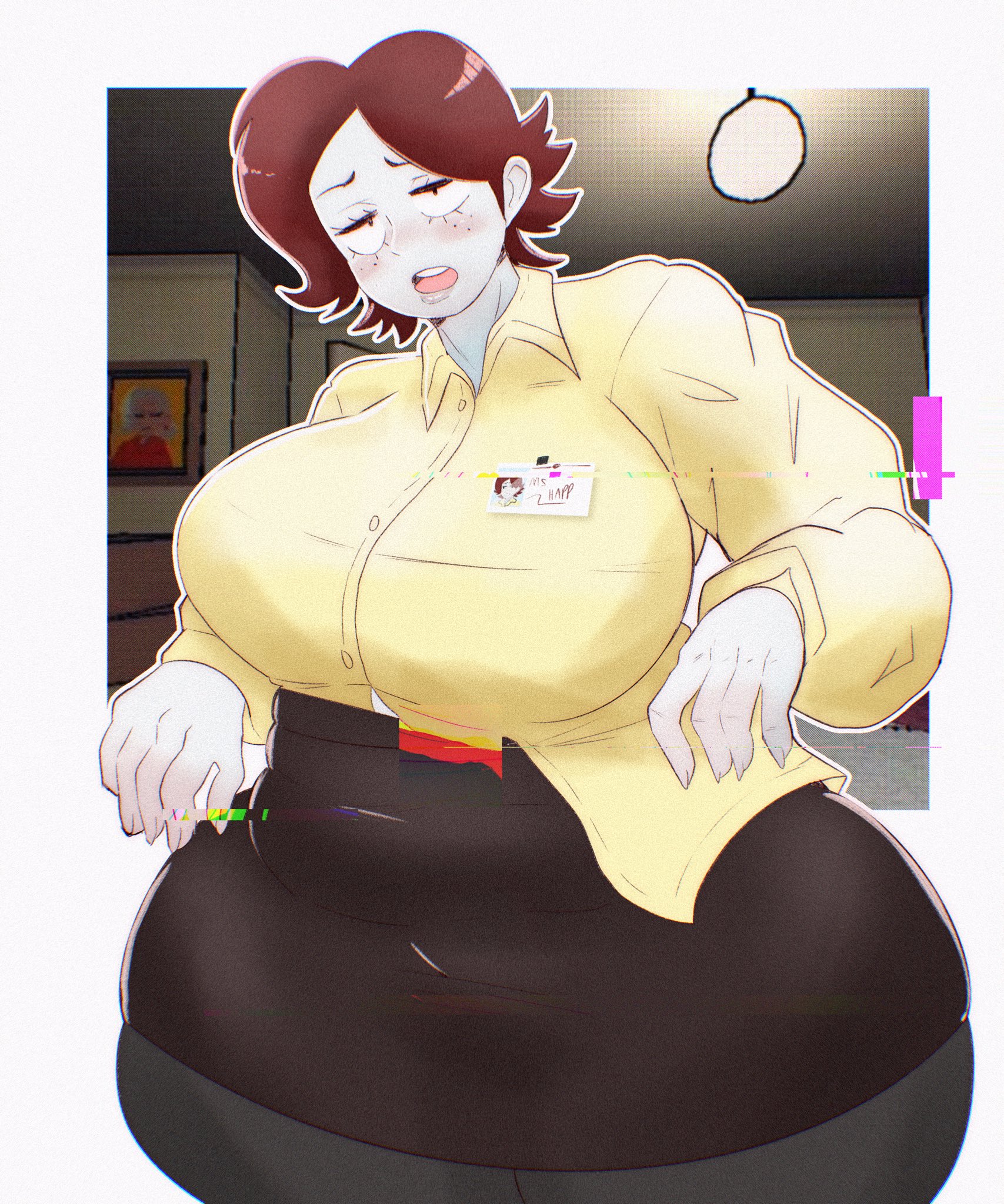 1girls, 2026, 2d (artwork), bbw, big breasts, brown hair, button down shirt, chubby, fat female, female, female only, frankie's fun house, freckles, freckles on face, id card, looking at viewer, miss happ (frankie's fun house), office clothing, office lady, studio big bun, tagme, thick thighs, tight clothing, tired, tired eyes, white body, xenexarts
