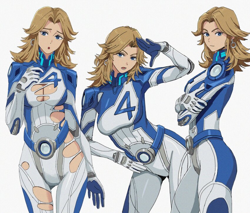 :o absurdres arm_up belt blonde_hair blue_belt blue_bodysuit blue_eyes bodysuit breasts cleavage earrings fantastic_four female from_side highres hoop_earrings jewelry large_breasts leaning_to_the_side long_hair marvel marvel_rivals multiple_views shiren_(ourboy83) simple_background skin_tight sue_richards sue_storm torn_bodysuit torn_clothes two-tone_bodysuit white_background white_bodysuit