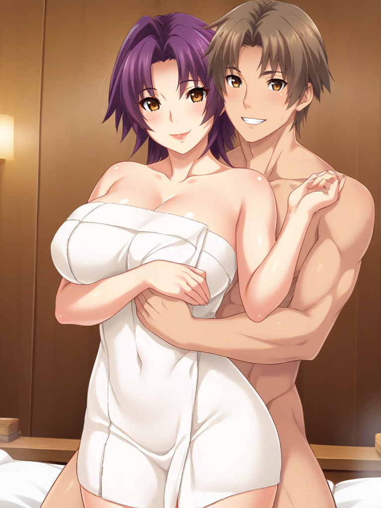 1boy 1boy1girl abs ahoge ai_generated ass azuma_marina bare_shoulders biceps big_ass big_breasts breasts brown_hair cleavage couple embrace female grin hug hug_from_behind huge_ass huge_breasts isogil kashidashi_tsuma_marina_no_"netorase"_houkoku_binkan_tsuma_to_zetsurin_daigakusei muscles muscular_male nude nude_male pecs purple_hair romantic short_hair smile thighs towel