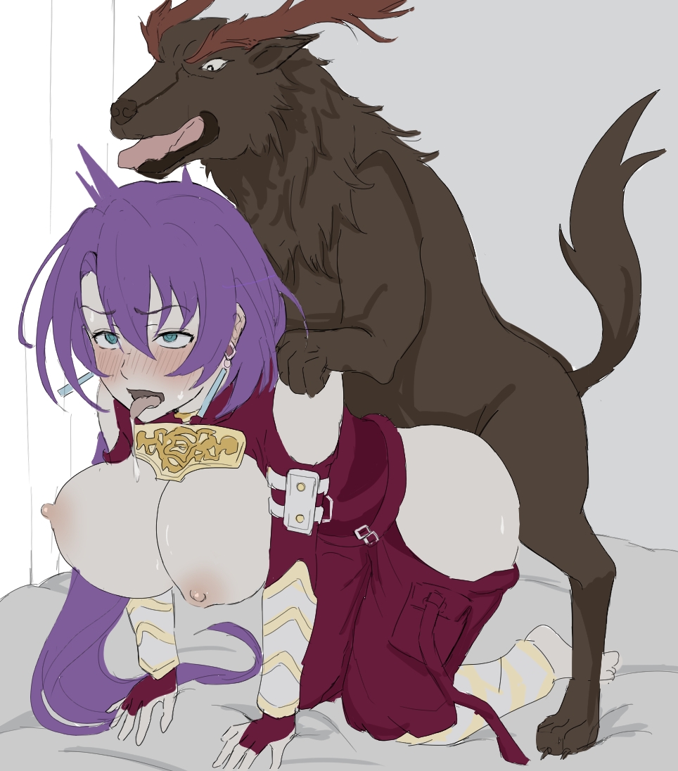 arthur_pencilgon bestiality bishion blue_eyes blush_lines canine clothed_sex feet on_bed purple_hair shangri-la_frontier zoophilia