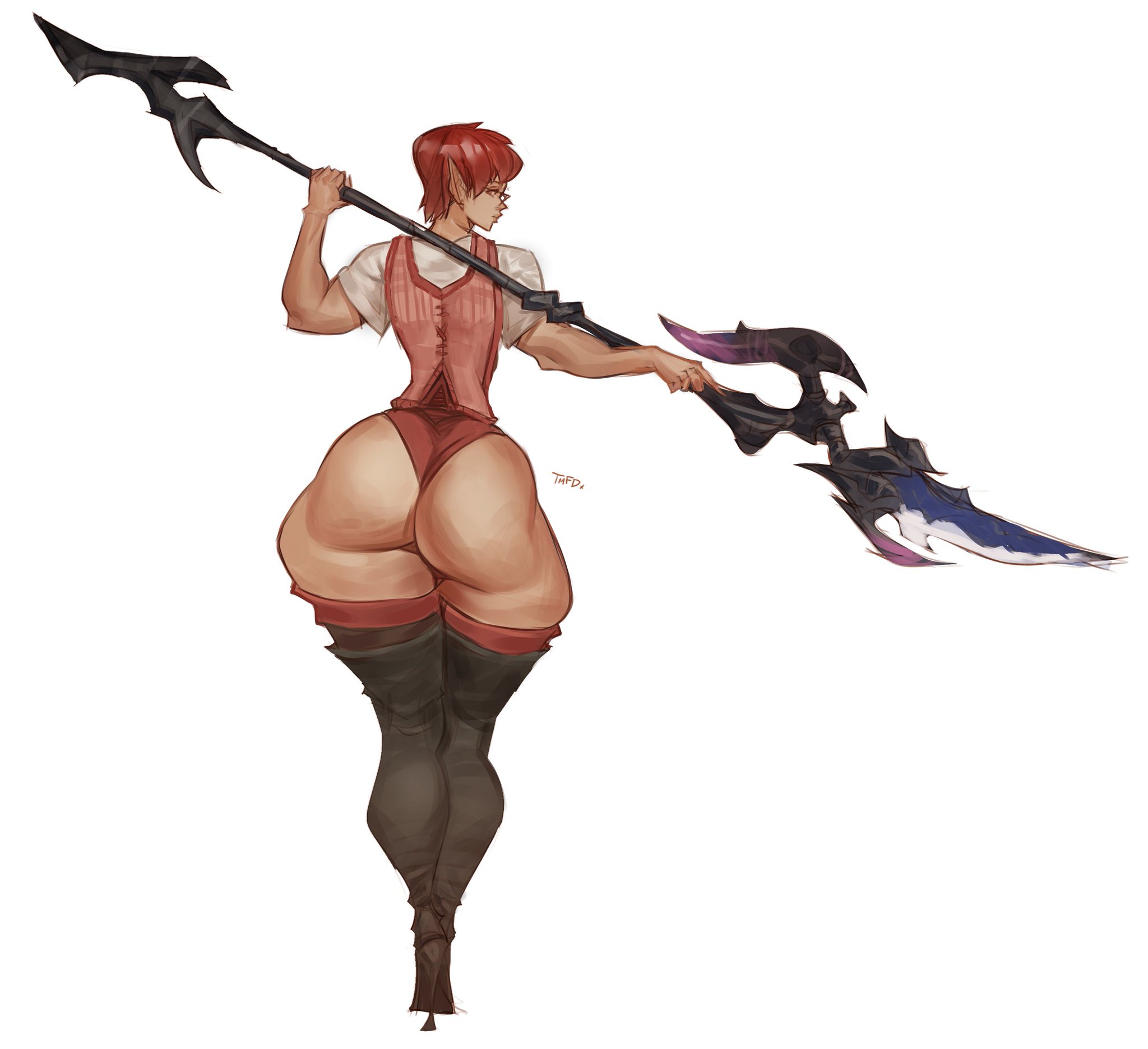 armor, bare thighs, elezen, fat ass, female, ffxiv, final fantasy xiv, milf, red hair, spear, thatmfdiego
