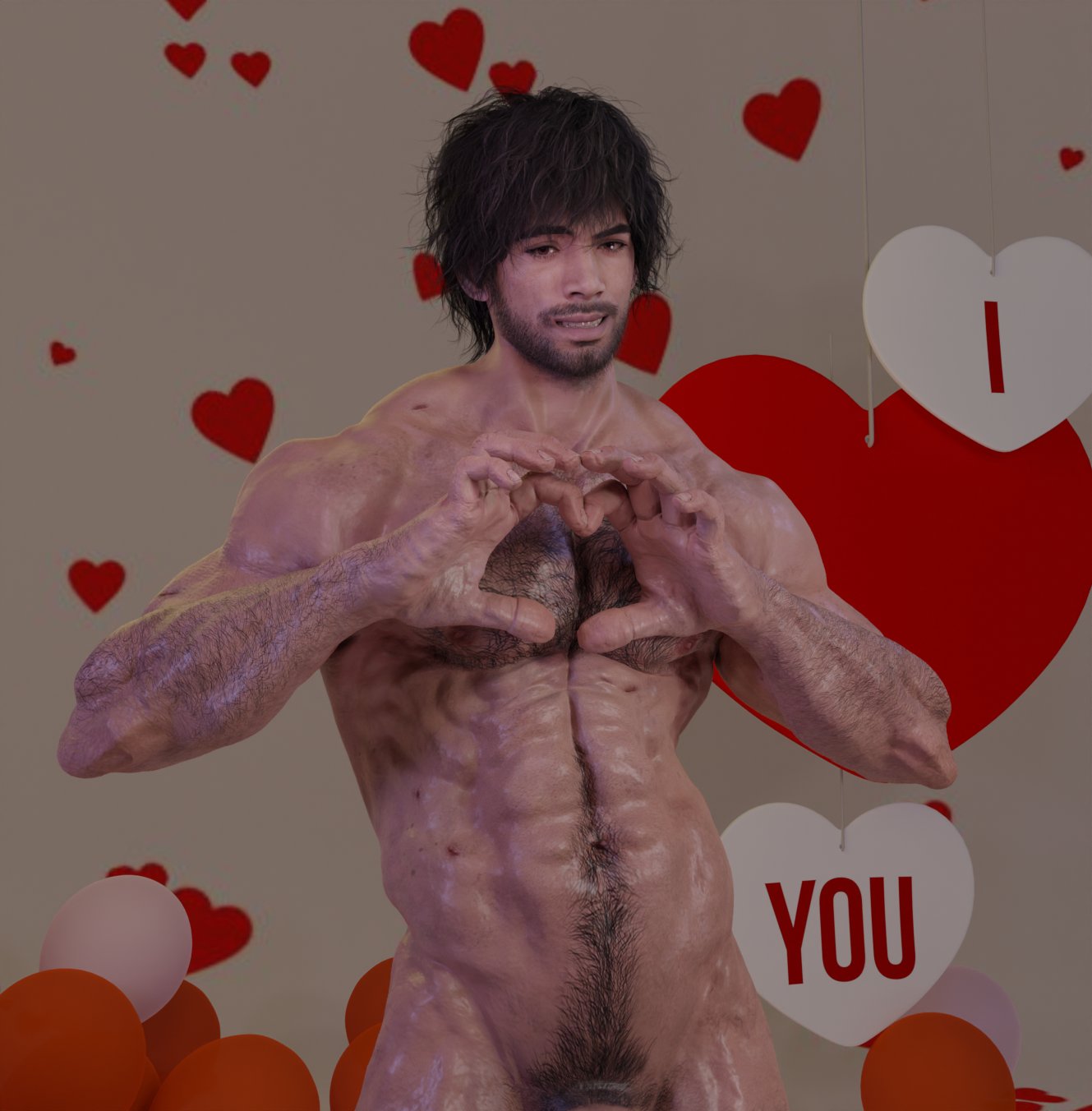 1boy 1male 3d 3d_(artwork) 3d_model black_hair capcom carlos_oliveira hairy hairy_male handsome handsome_man happy_valentine heart_gesture himbo lumpyrumps_(artist) male male_focus male_only muscular nude nude_male resident_evil resident_evil_3 resident_evil_3_remake simping smiling smiling_at_viewer solo solo_focus solo_male tan-skinned_male tan_skin valentine's_day valentines_day wholesome wholesome_nudity