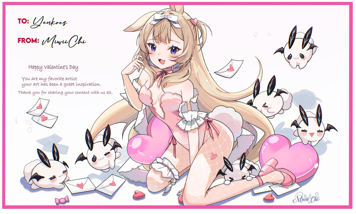 :d animal_ears bangs bare_shoulders blue_eyes blush bow breasts brown_hair bunny_tail card choker detached_sleeves english_text eyebrows_visible_through_hair female fishnets food hair_ornament hairband hairbow heart heart_print kneeling leotard letter long_hair looking_at_viewer oerba_yun_fang open_mouth pink_footwear pink_leotard playing_card ribbon small_breasts smile solo striped tail thigh_strap thighhighs two_side_up very_long_hair vyugen white_legwear yenko