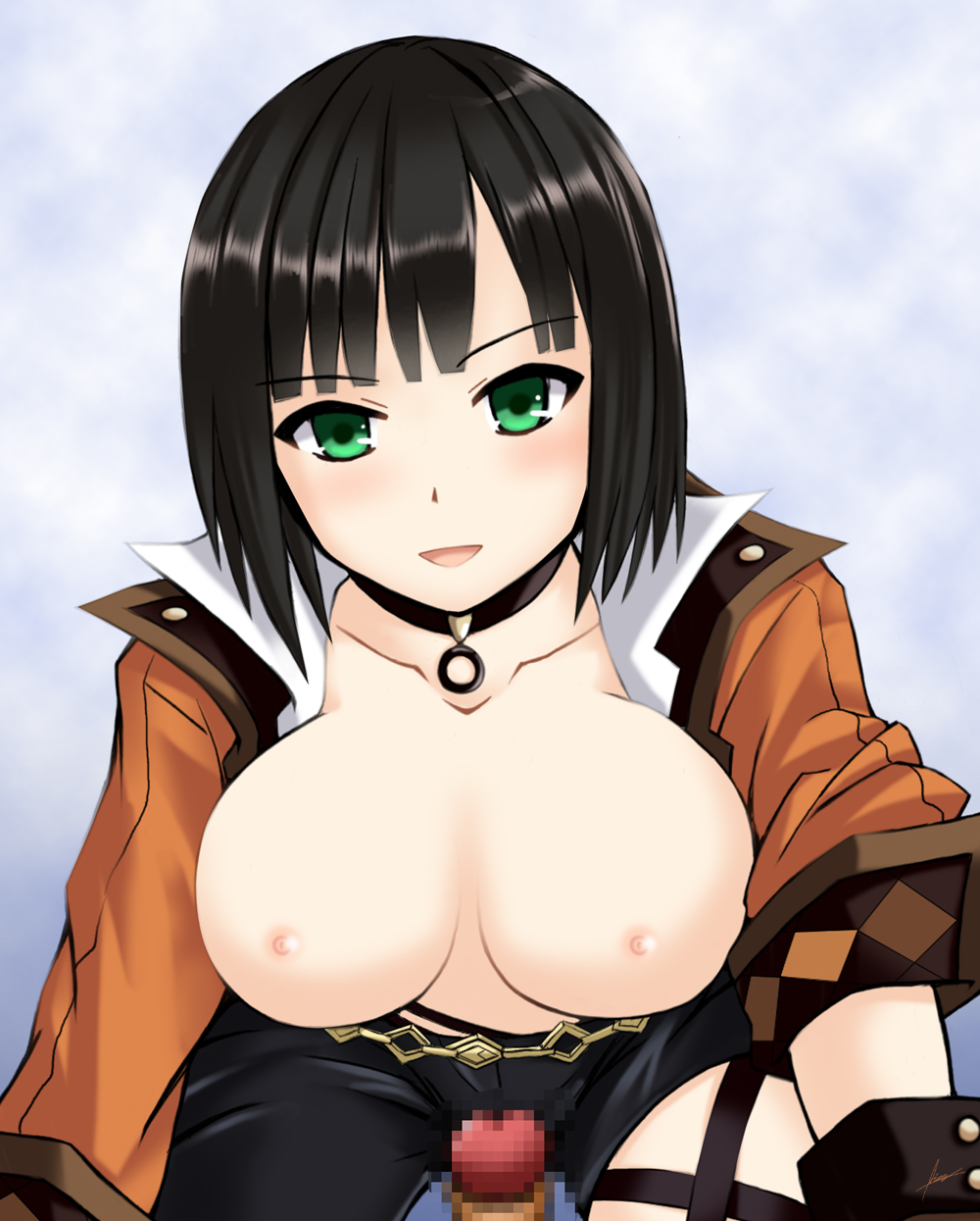 1girls 2010s bangs big_breasts black_hair black_pants blush breasts censored collar dark_hair fairy_fencer_f female harley harley_(fairy_fencer_f) human jacket nipples open_mouth pants penis tagme unknown_artist